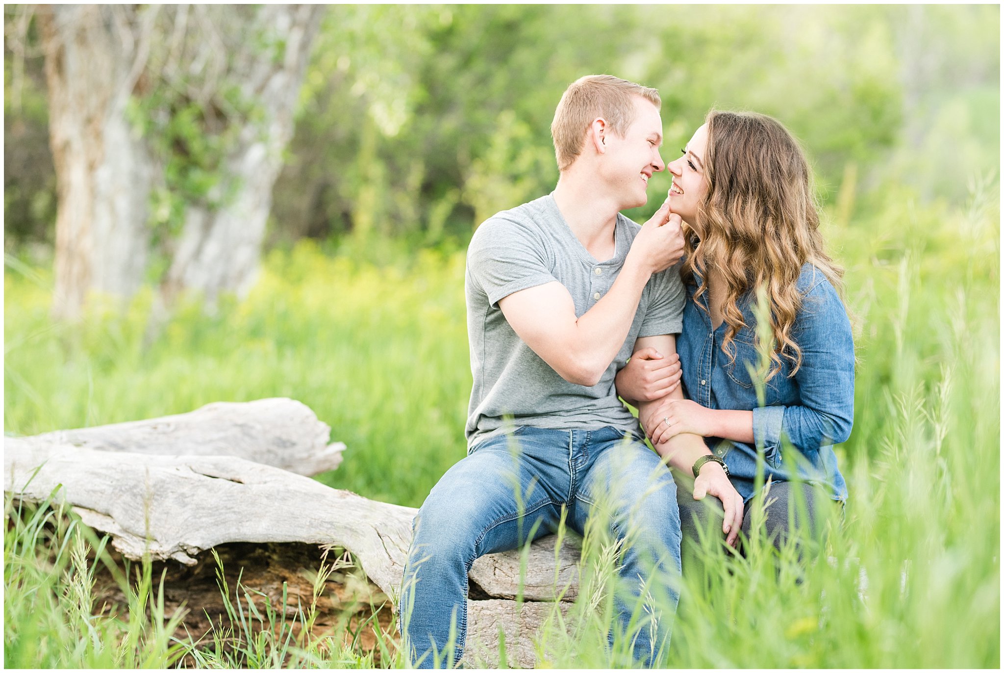 Couple in cute, casual outfit in a wooded meadow | Trapper's Loop Mountain Engagement | Utah Mountain Engagement Session | Jessie and Dallin Photography