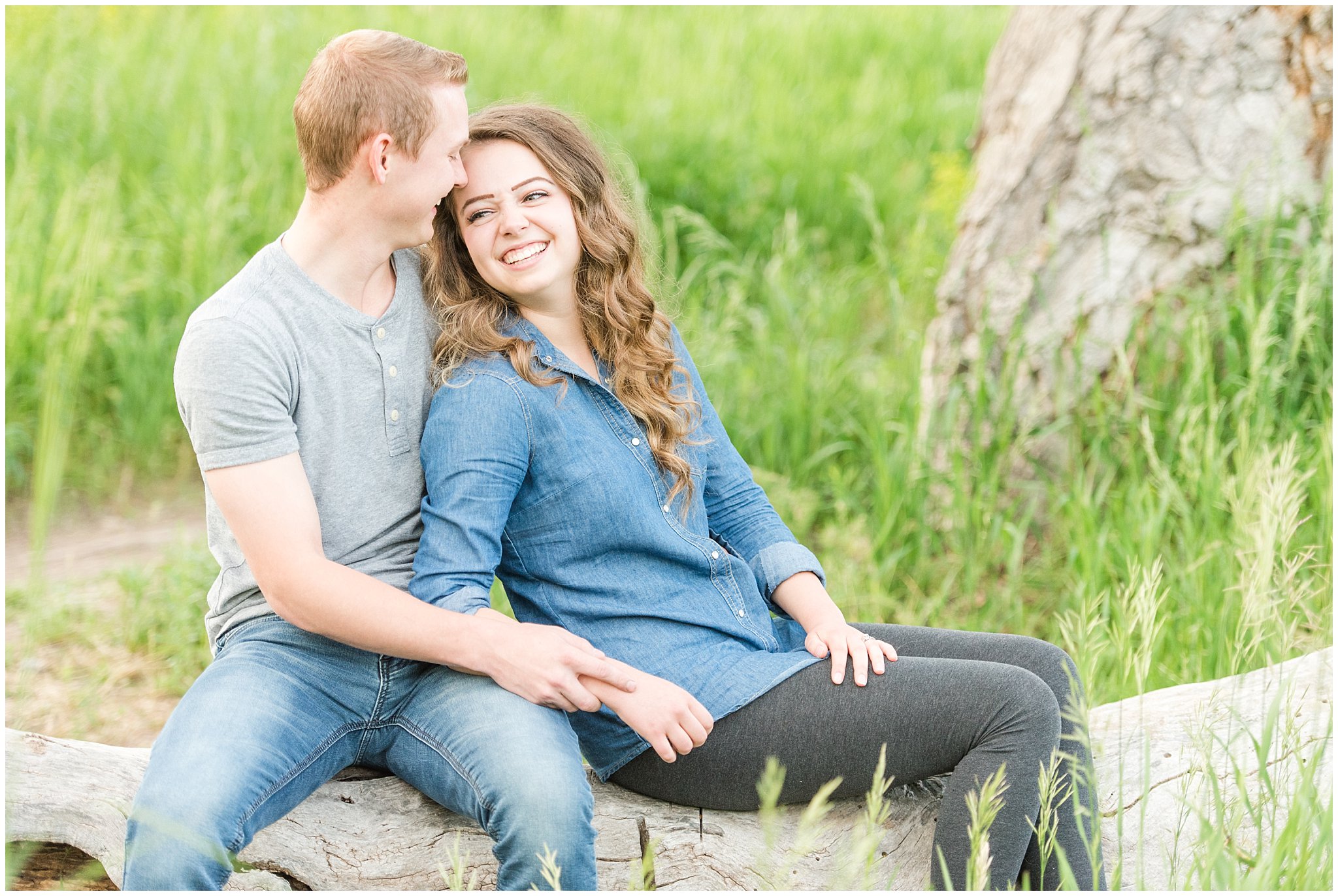 Couple in cute, casual outfit in a wooded meadow | Trapper's Loop Mountain Engagement | Utah Mountain Engagement Session | Jessie and Dallin Photography