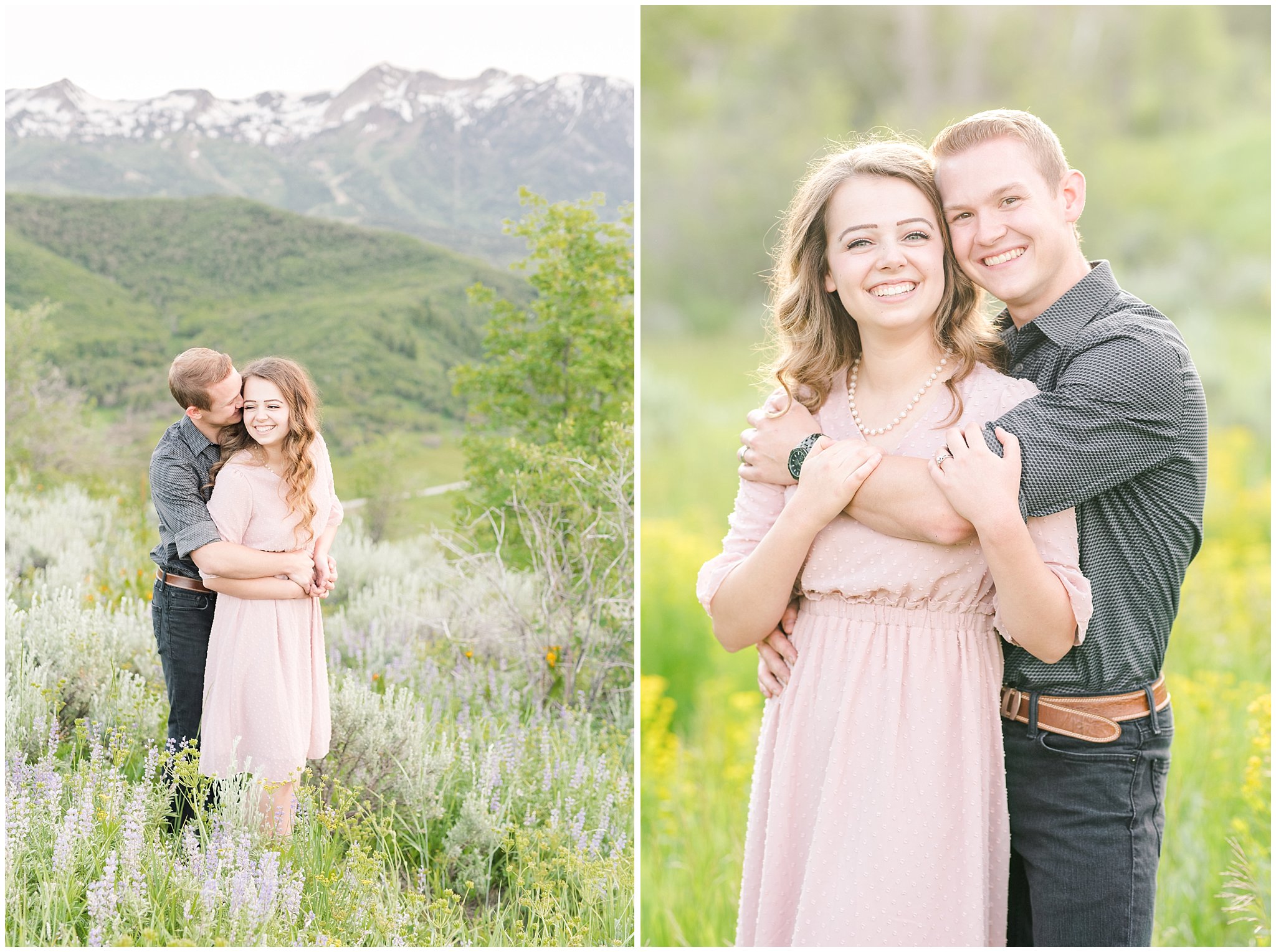 Couple in blush dress and grey and black buttoned shirt in front of a mountain view | Trapper's Loop Mountain Engagement | Utah Mountain Engagement Session | Jessie and Dallin Photography