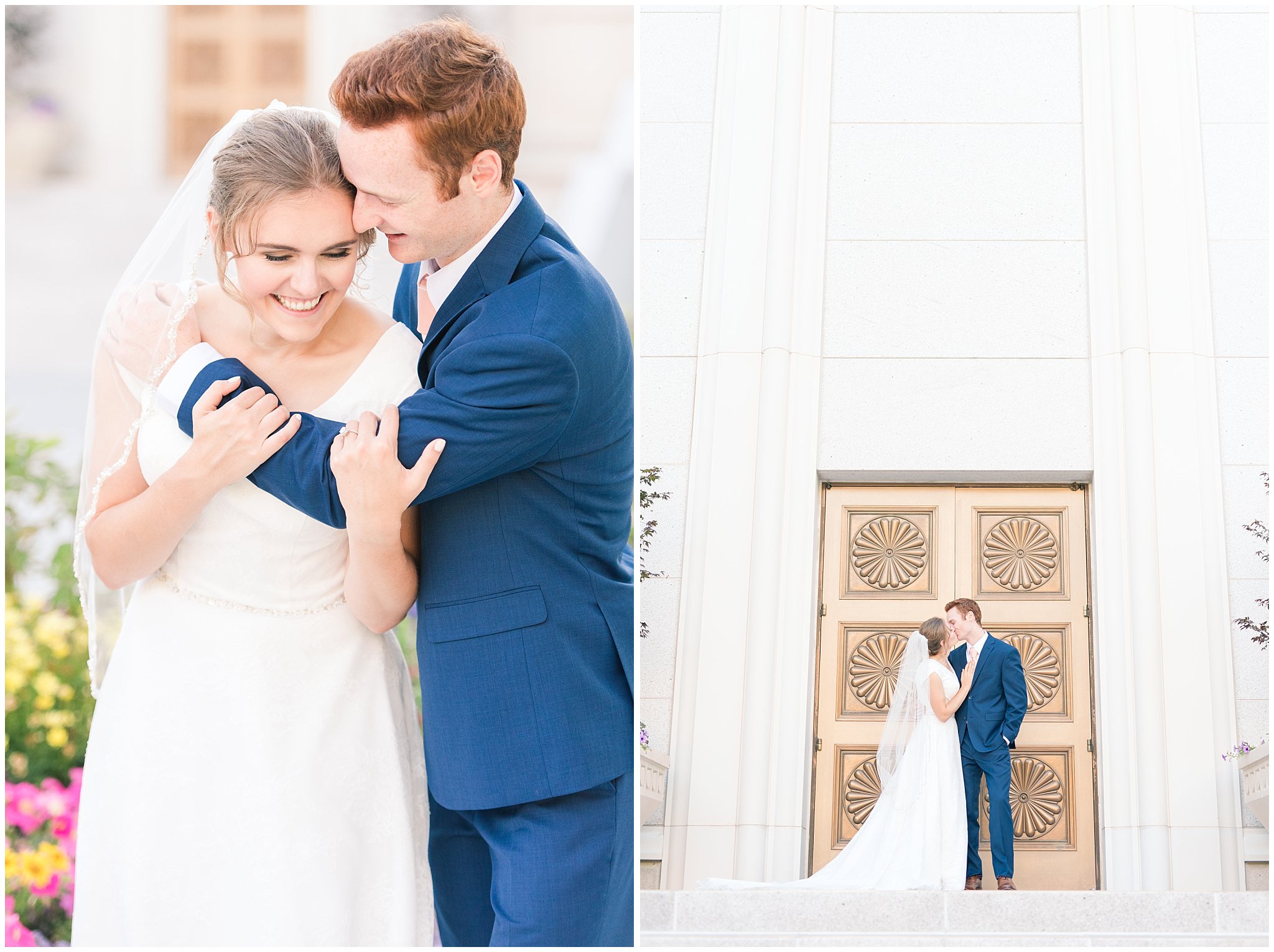 Bride and groom portraits with bride in simple elegant dress and veil, and groom in blue suit with blush tie at the Bountiful Temple | Bountiful Temple Summer Formal Session | Utah Weddings | Jessie and Dallin Photography