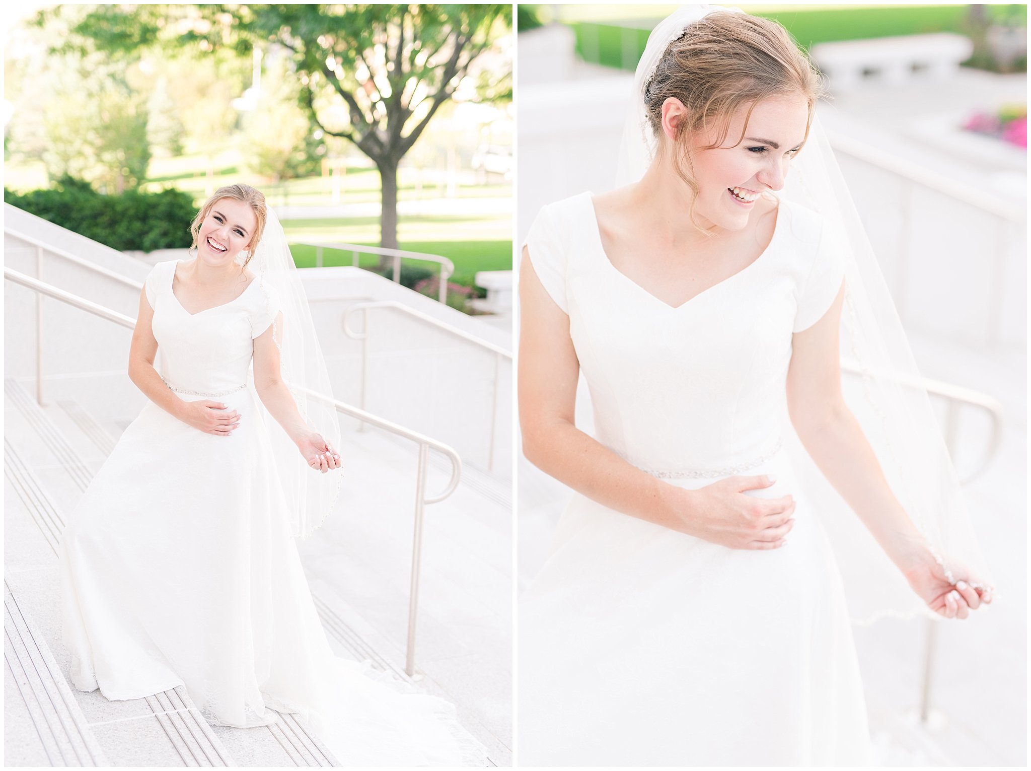 Bridal portraits with bride in simple, elegant dress and veil at the Bountiful Temple | Bountiful Temple Summer Formal Session | Utah Weddings | Jessie and Dallin Photography