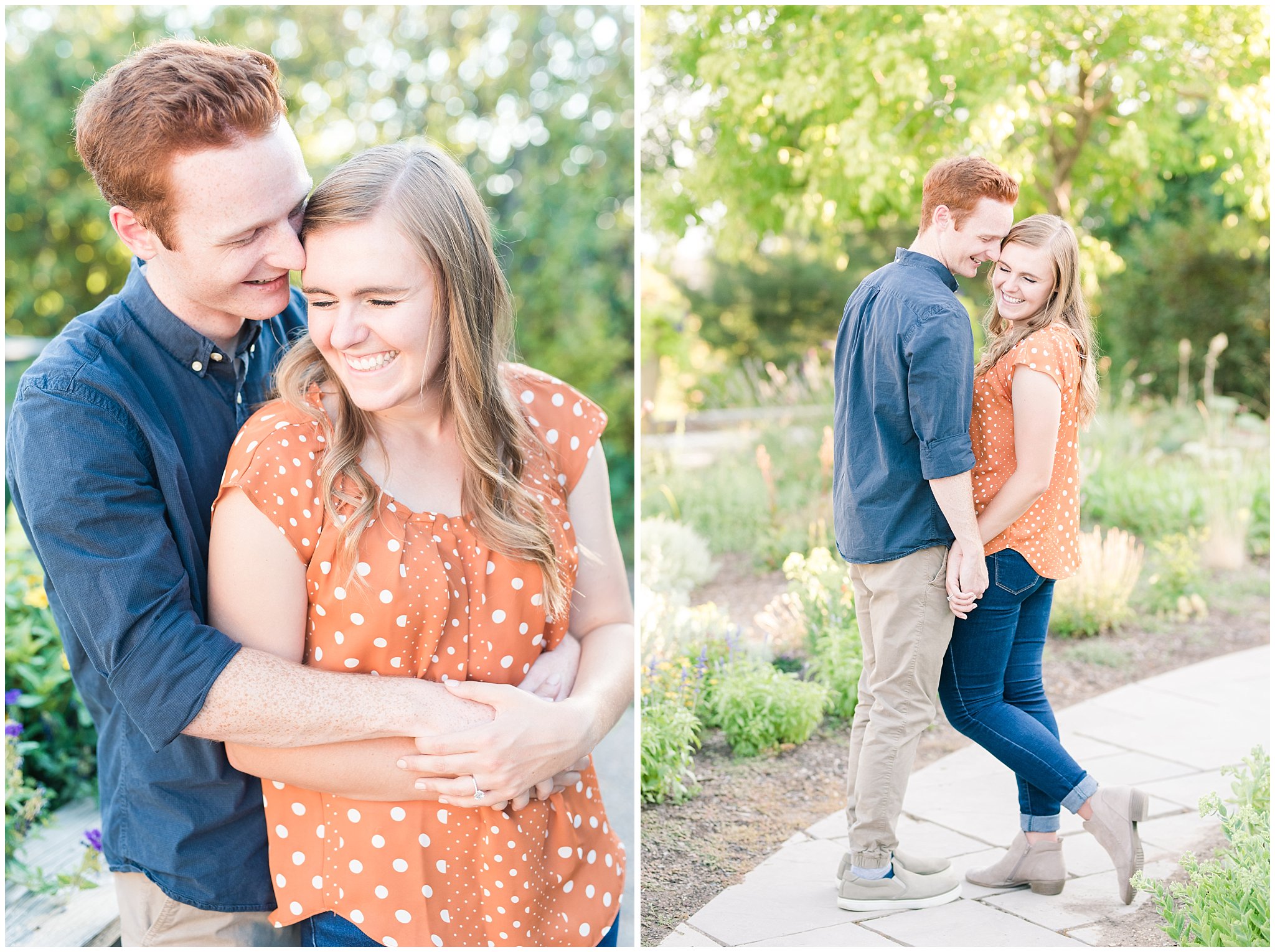 Couple wearing causal outfit during candid engagement photos in a Utah garden | Kaysville Botanical Garden Engagement | Utah Engagement | Jessie and Dallin Photography