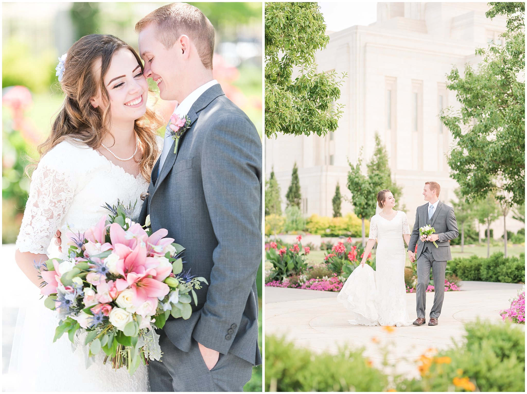 Bride with lace wedding dress and veil and groom wearing grey suit with light blue tie | bride and groom portraits | Ogden Temple Summer Wedding | Jessie and Dallin Photography