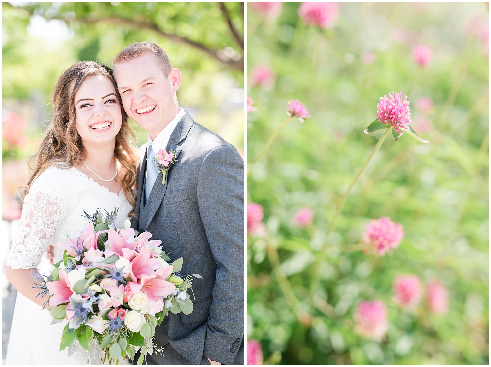 Bride with lace wedding dress, tropical bouquet, and veil and groom wearing grey suit with light blue tie | bride and groom portraits | Ogden Temple Summer Wedding | Jessie and Dallin Photography