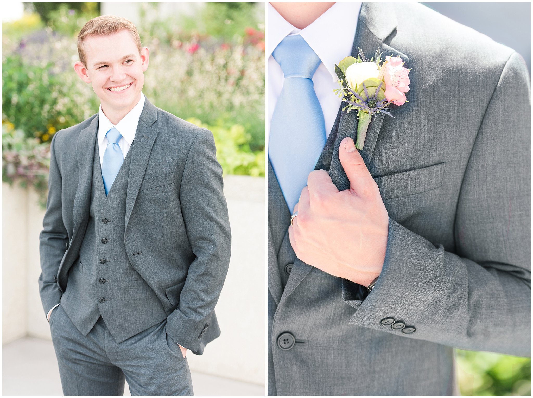 Groom wearing grey suit with light blue tie | bride and groom portraits | Ogden Temple Summer Wedding | Jessie and Dallin Photography