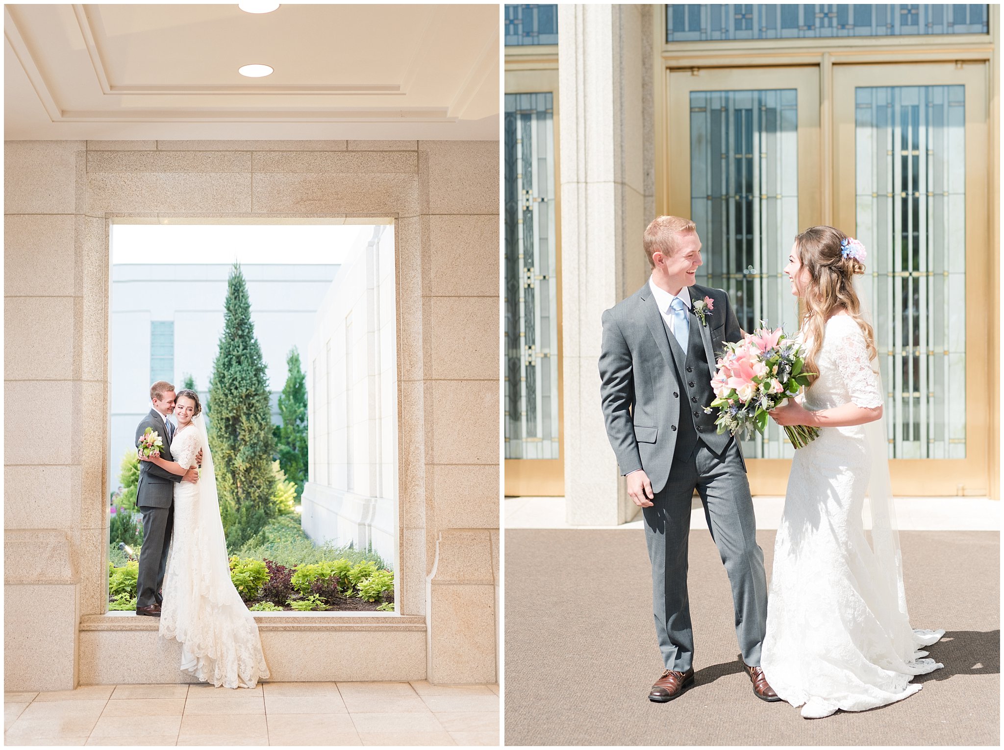 Bride with lace wedding dress and veil and groom wearing grey suit with light blue tie temple exit | Ogden Temple Summer Wedding | Jessie and Dallin Photography