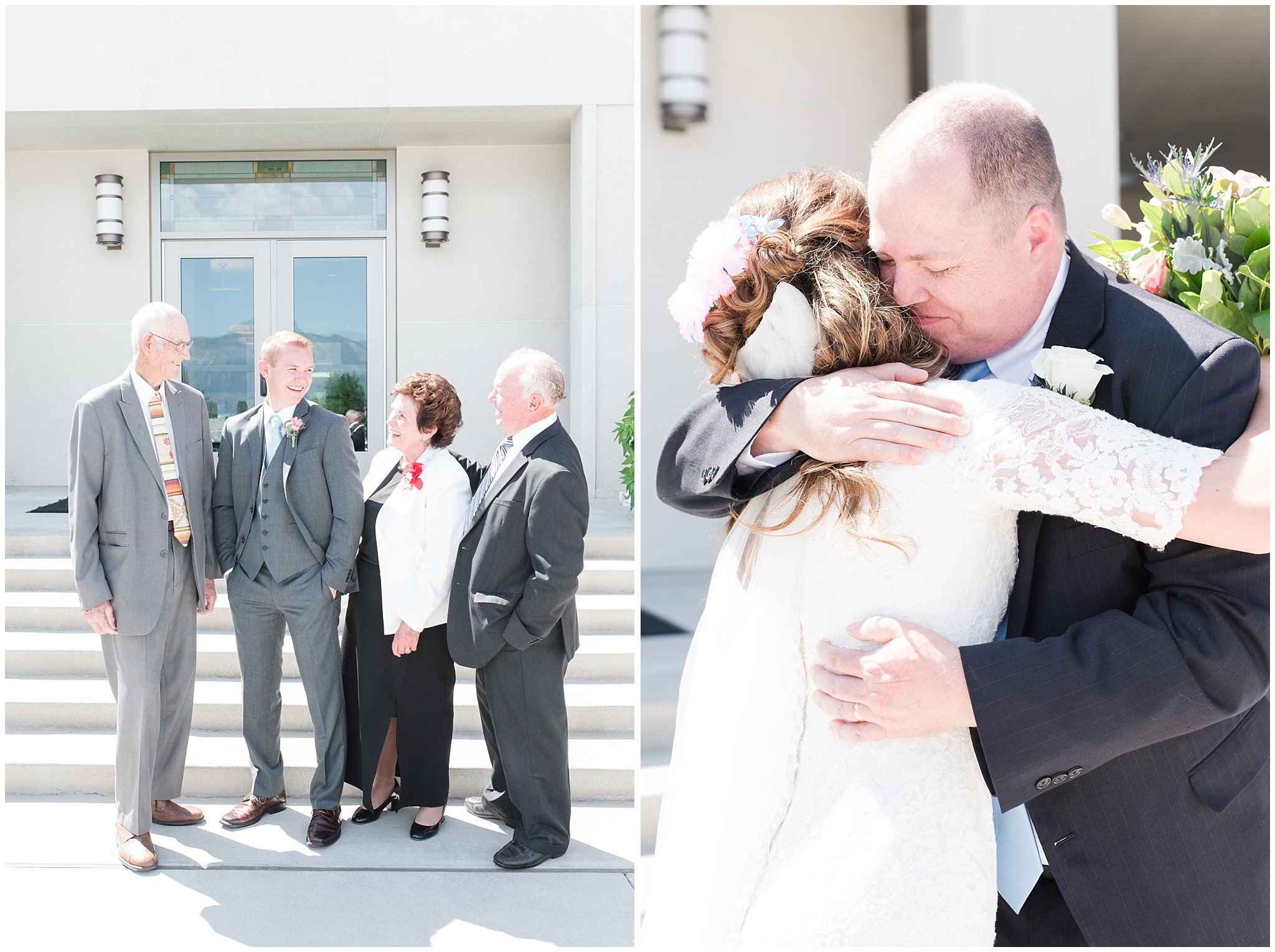 Bride with lace wedding dress and veil and groom wearing grey suit with light blue tie | Family portraits | Ogden Temple Summer Wedding | Jessie and Dallin Photography