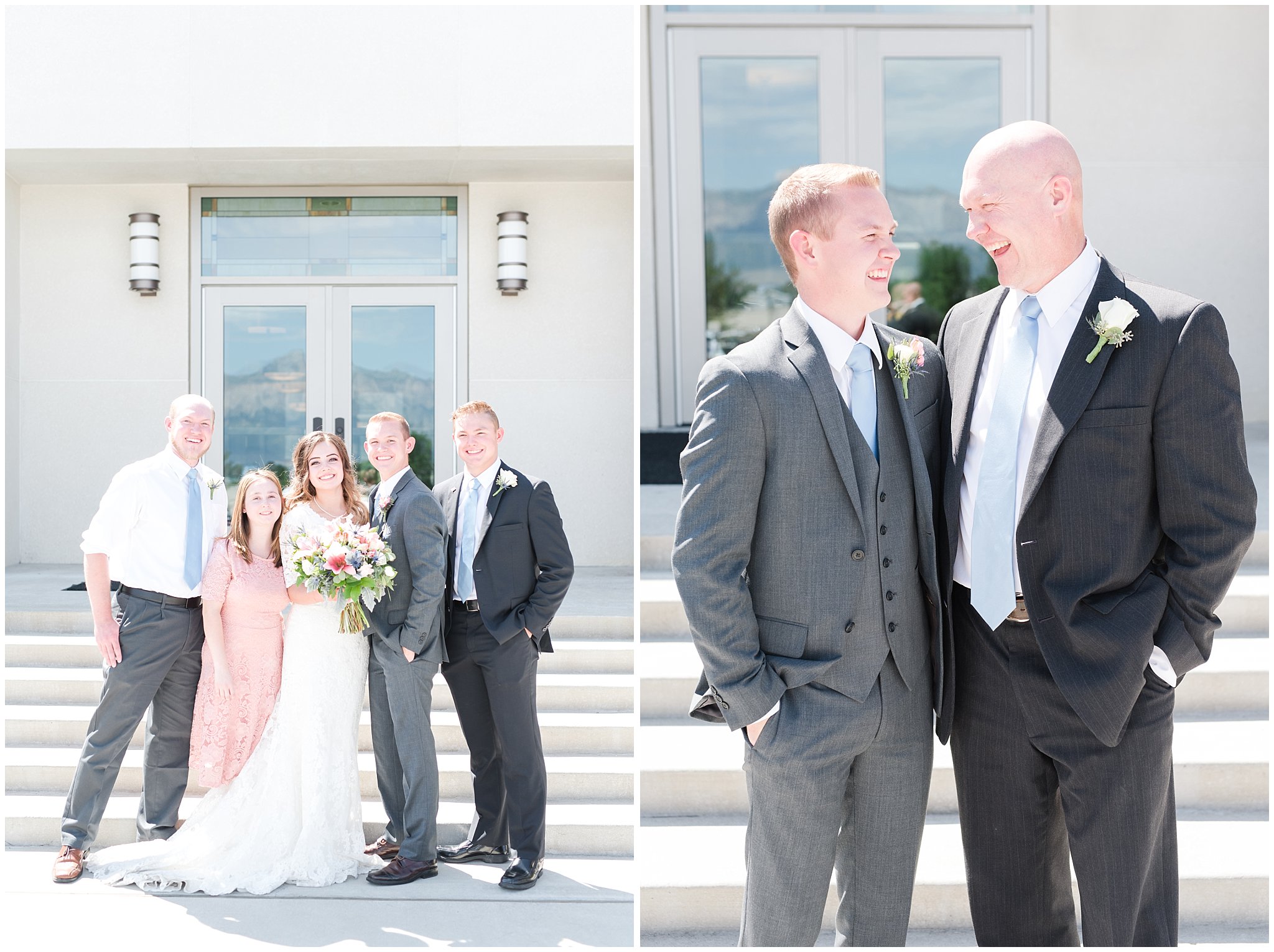 Bride with lace wedding dress and veil and groom wearing grey suit with light blue tie | Family portraits | Ogden Temple Summer Wedding | Jessie and Dallin Photography