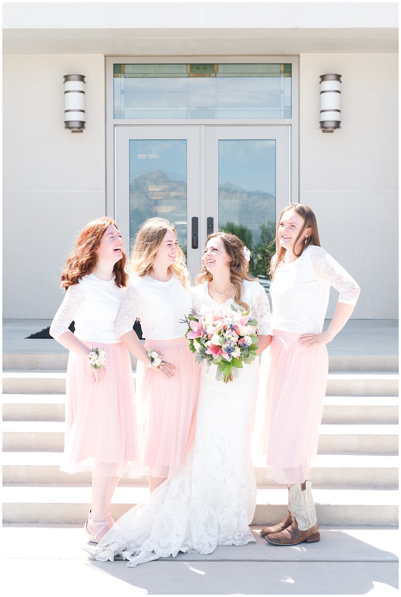 Bridesmaids with blush corsages and tropical bridal bouquet | Ogden Temple Summer Wedding | Jessie and Dallin Photography