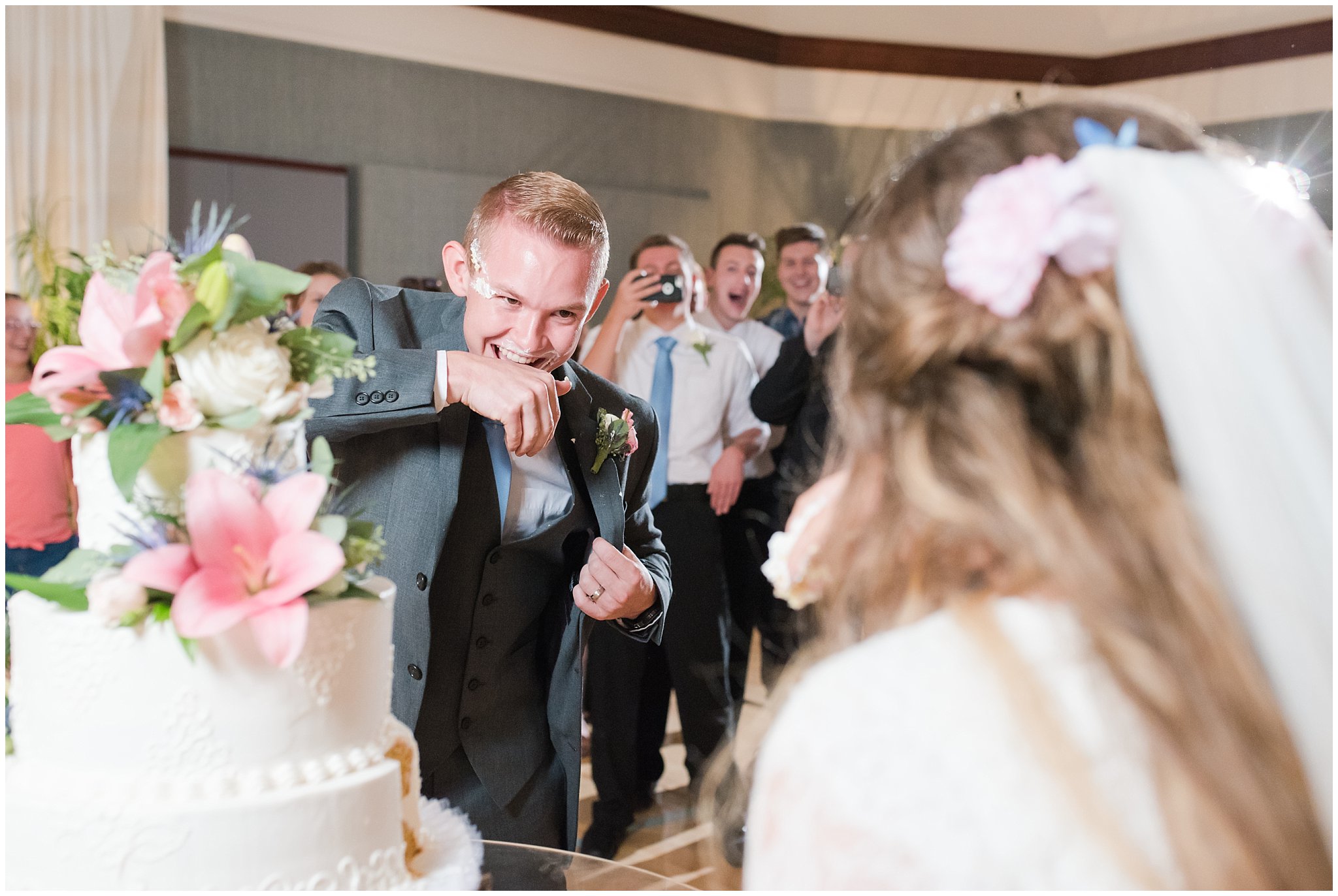 Tropical wedding cake and cake cutting during Utah reception | Jessie and Dallin Photography