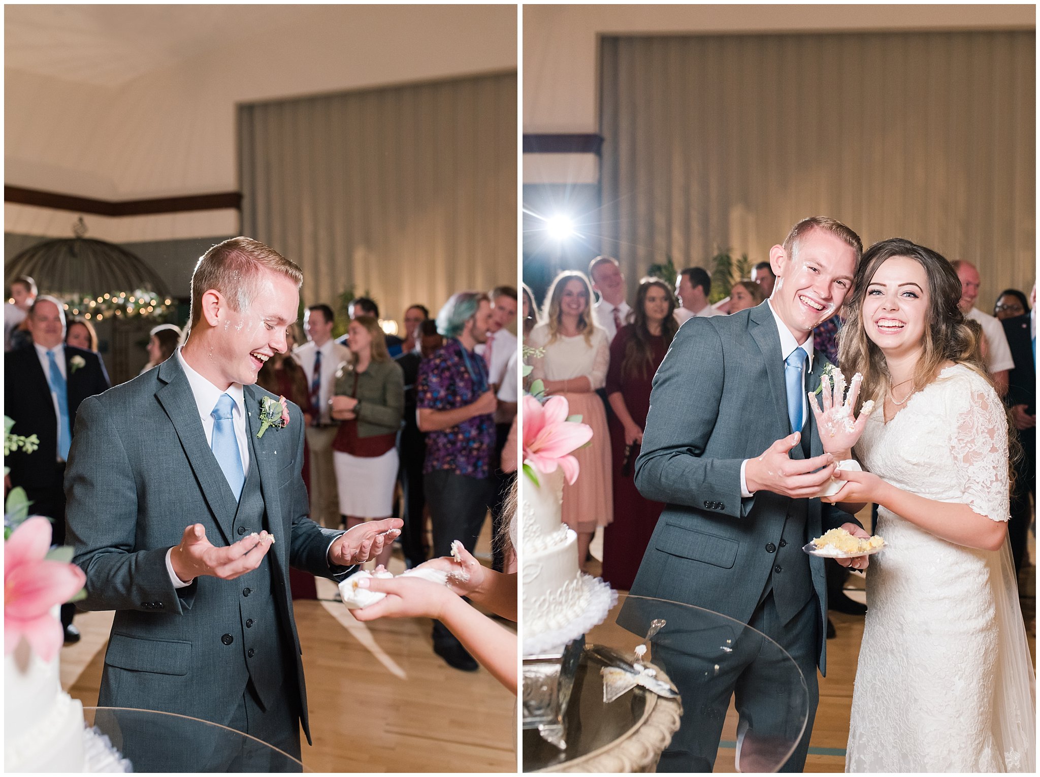 Tropical wedding cake and cake cutting during Utah reception | Jessie and Dallin Photography