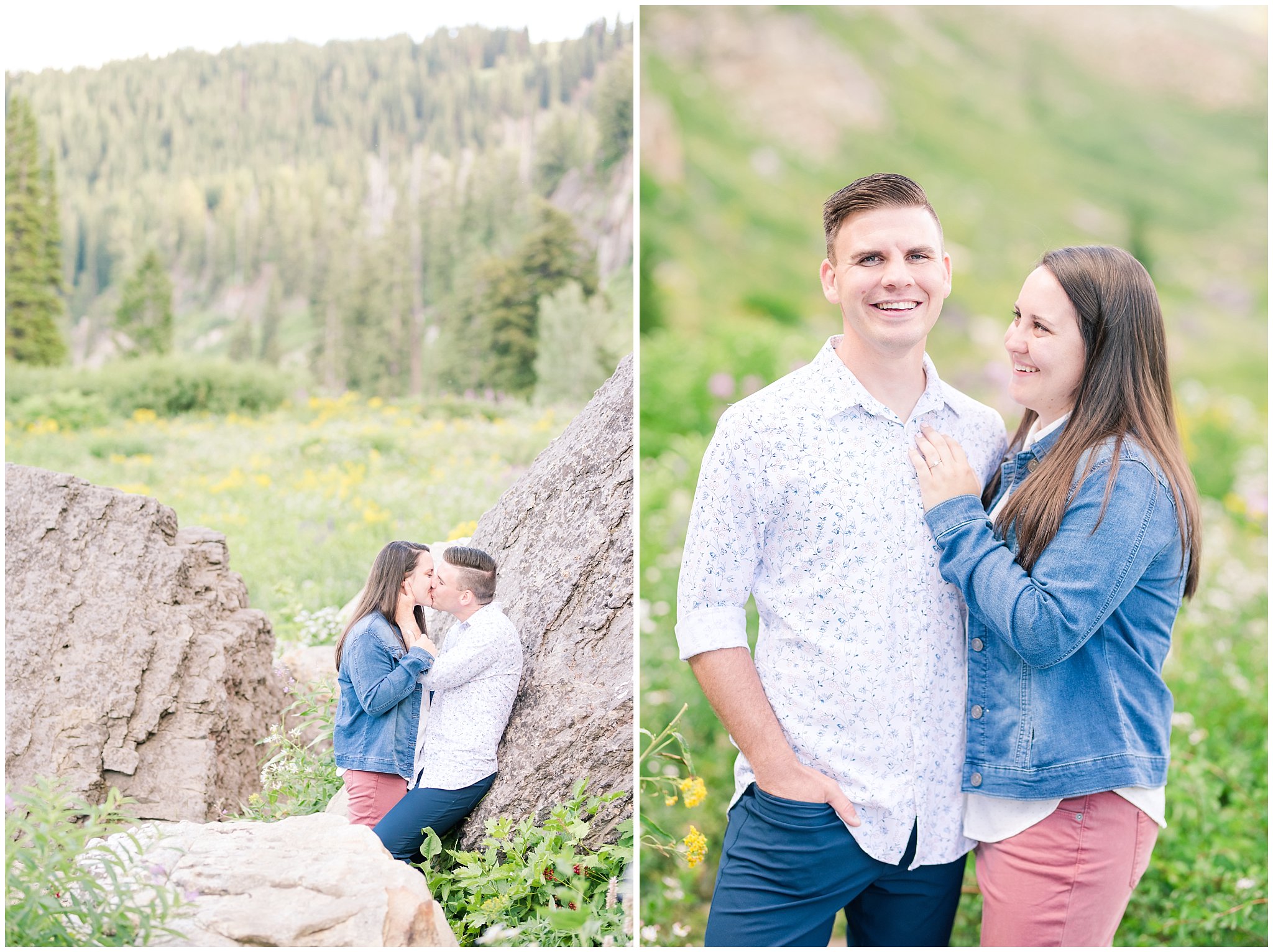 Couple dressed in jean jacket and button up shirt for engagement pictures in the wildflowers | Tony Grove Wildflower Engagement | Utah Mountain Engagement | Jessie and Dallin Photography