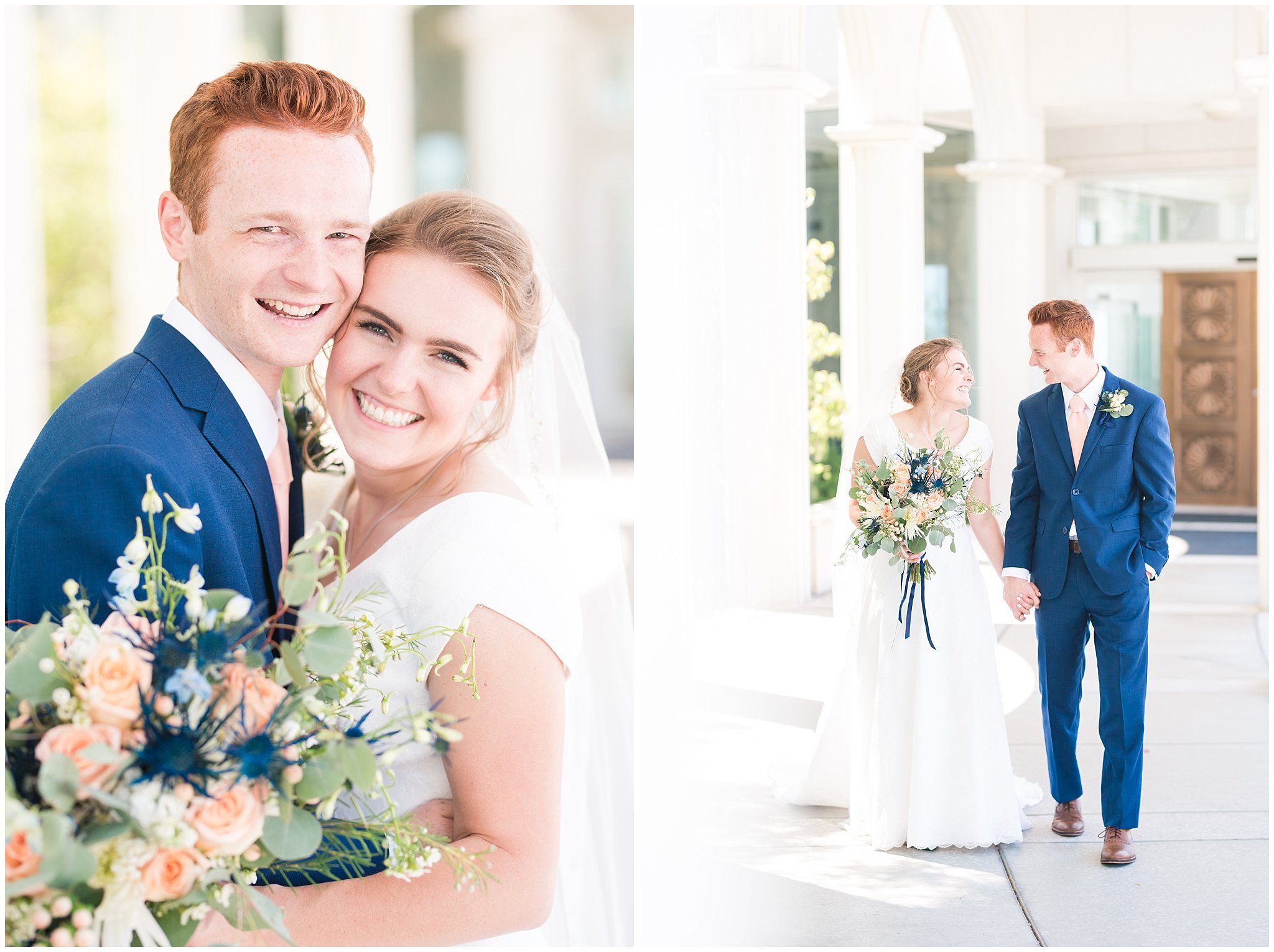 Bride and Groom portraits on wedding day | Bride wearing simple, elegant dress and veil with blue thistle bouquet and groom wearing blue suit and blush tie | Bountiful Temple Wedding and Oak Hills Reception | Jessie and Dallin Photography