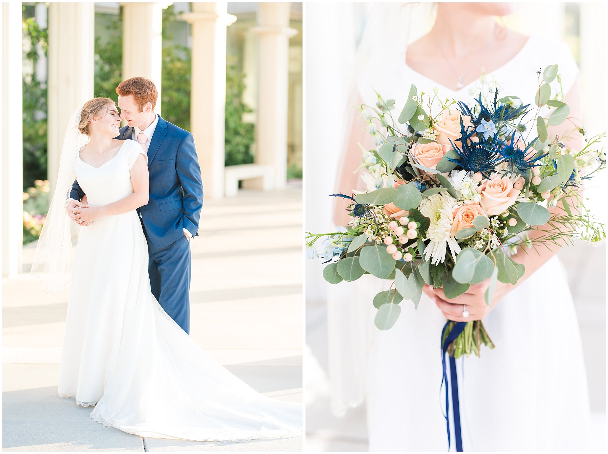 Bride and Groom portraits on wedding day | Bride wearing simple, elegant dress and veil with blue thistle bouquet and groom wearing blue suit and blush tie | Bountiful Temple Wedding and Oak Hills Reception | Jessie and Dallin Photography