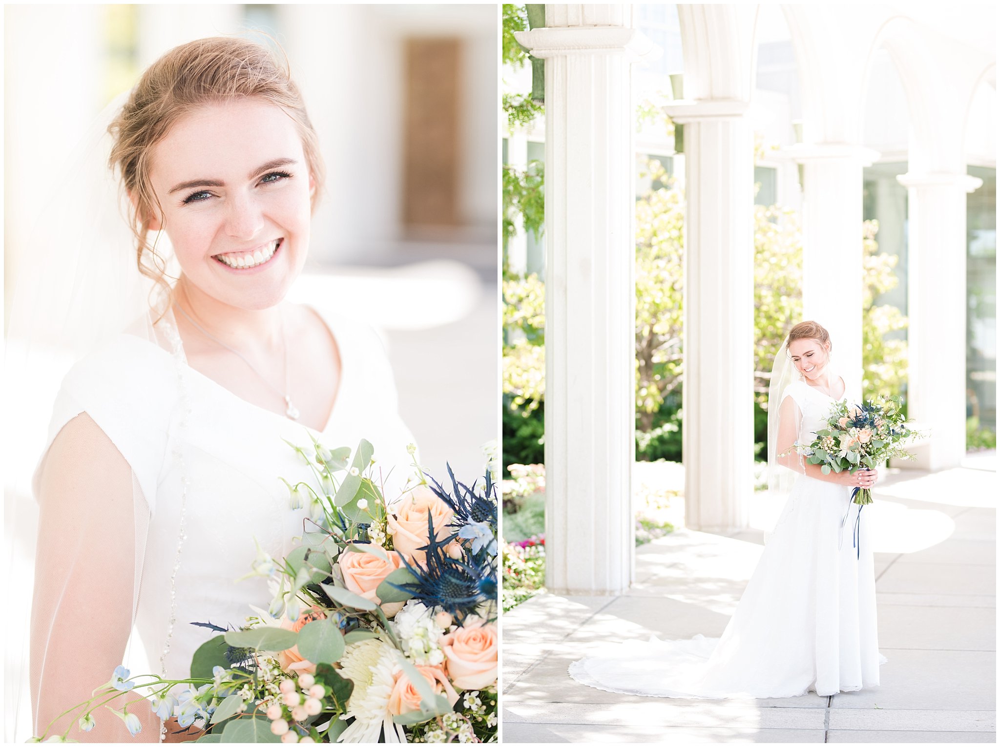 Bride and Groom portraits on wedding day | Bride wearing simple, elegant dress and veil with blue thistle bouquet | Bountiful Temple Wedding and Oak Hills Reception | Jessie and Dallin Photography