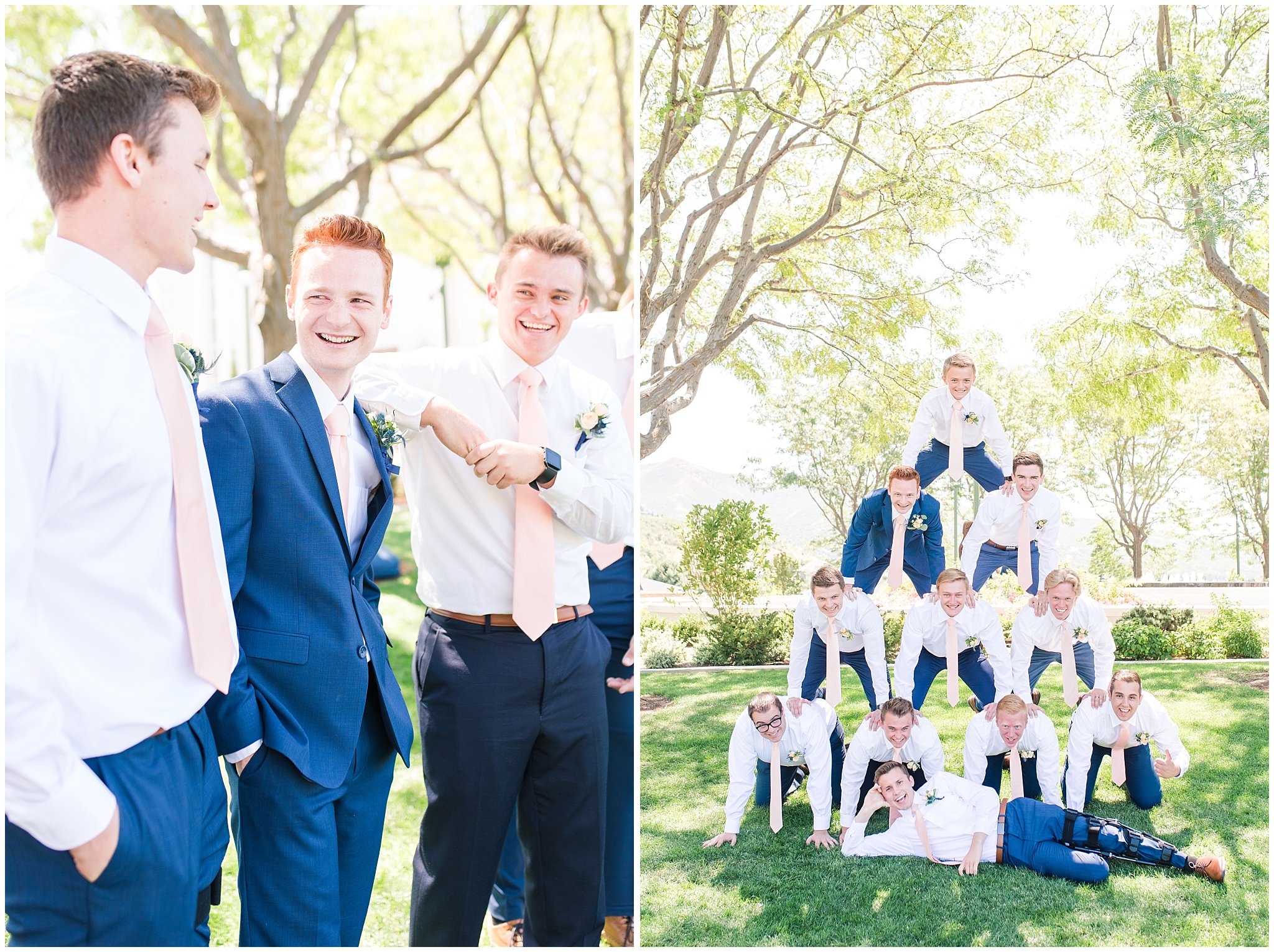 Groom with groomsmen wearing blush ties | Bountiful Temple Wedding and Oak Hills Reception | Jessie and Dallin Photography