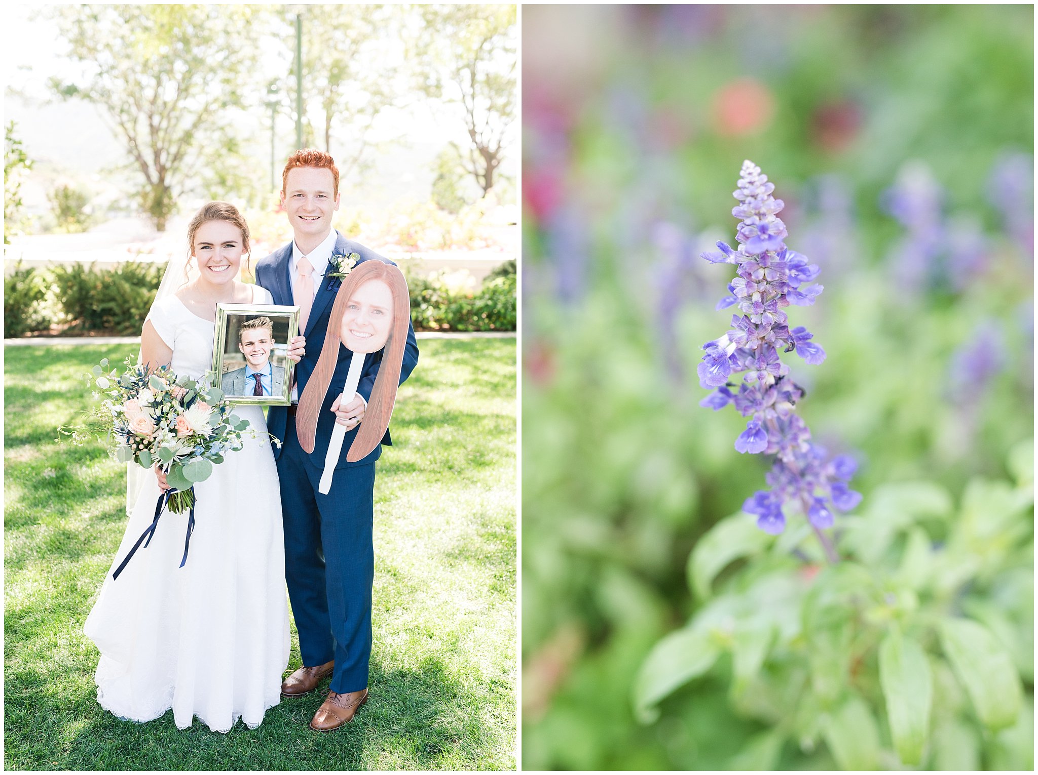 Bride and groom with photos of siblings that are on missions | Bountiful Temple Wedding and Oak Hills Reception | Jessie and Dallin Photography