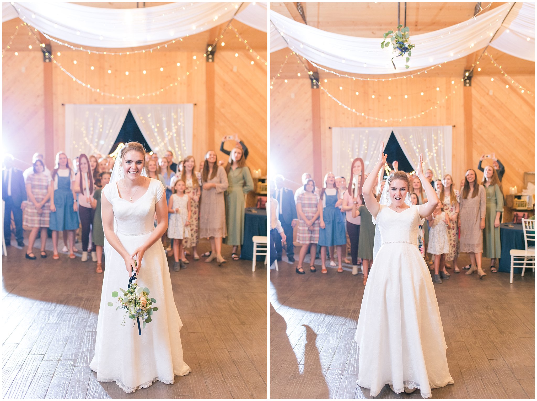 Bouquet toss at reception | Oak Hills Reception and Events Center | Jessie and Dallin Photography