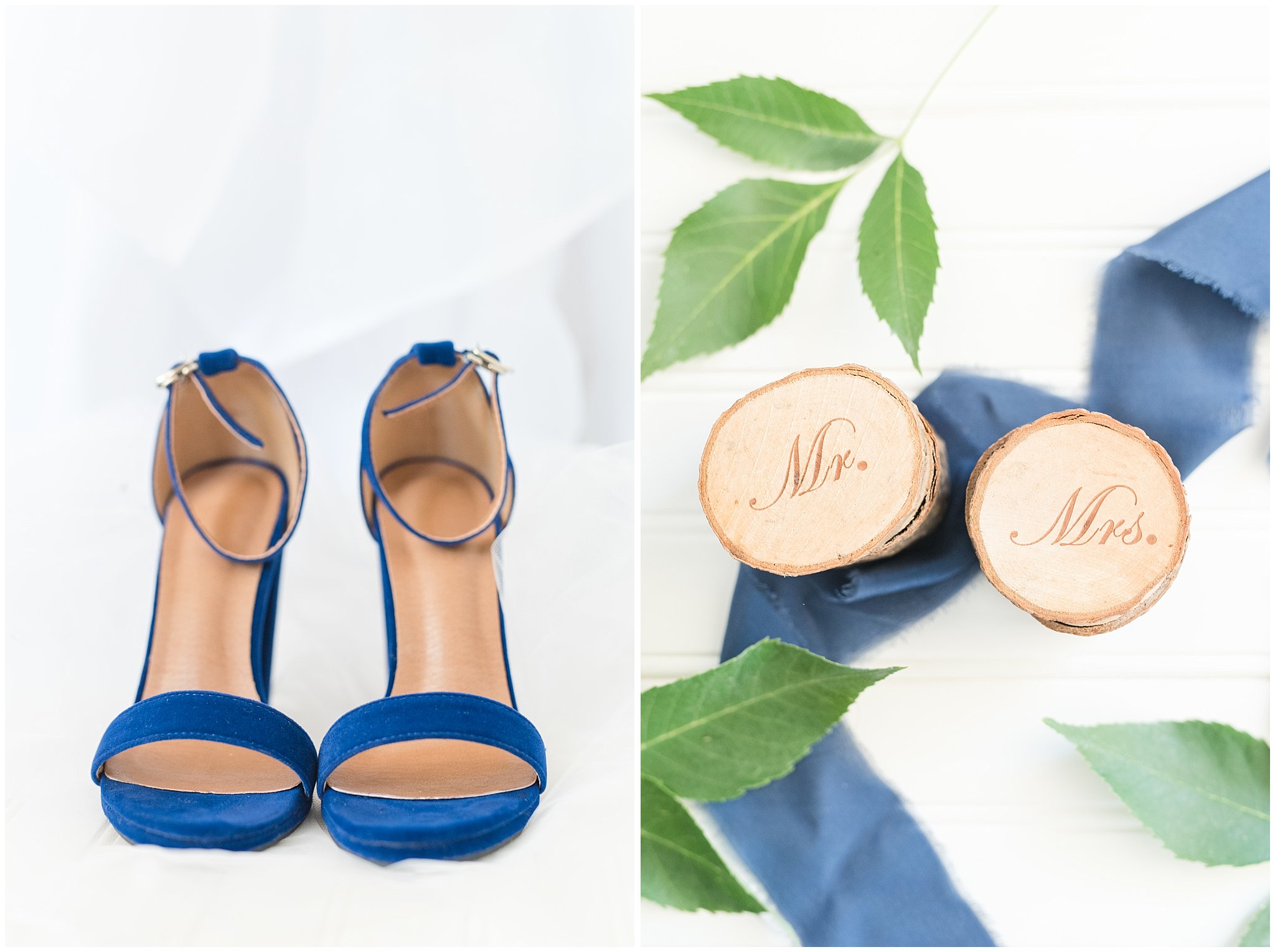 Bride's blue heels for wedding day and wood ring boxes | Log Haven Summer Mountain Wedding | Jessie and Dallin Photography