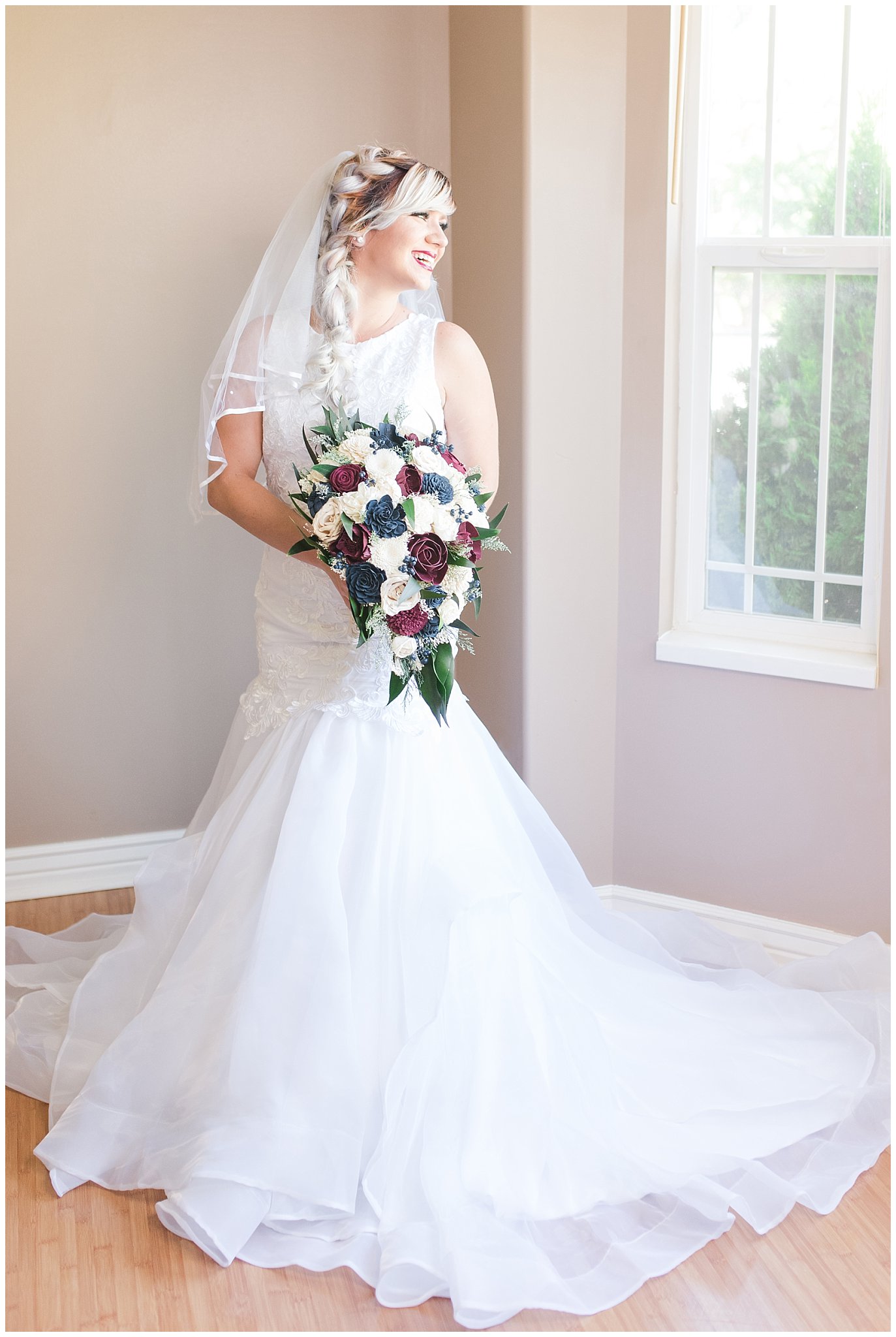 Bridal portraits before wedding with wooden bouquet | Log Haven Summer Mountain Wedding | Jessie and Dallin Photography