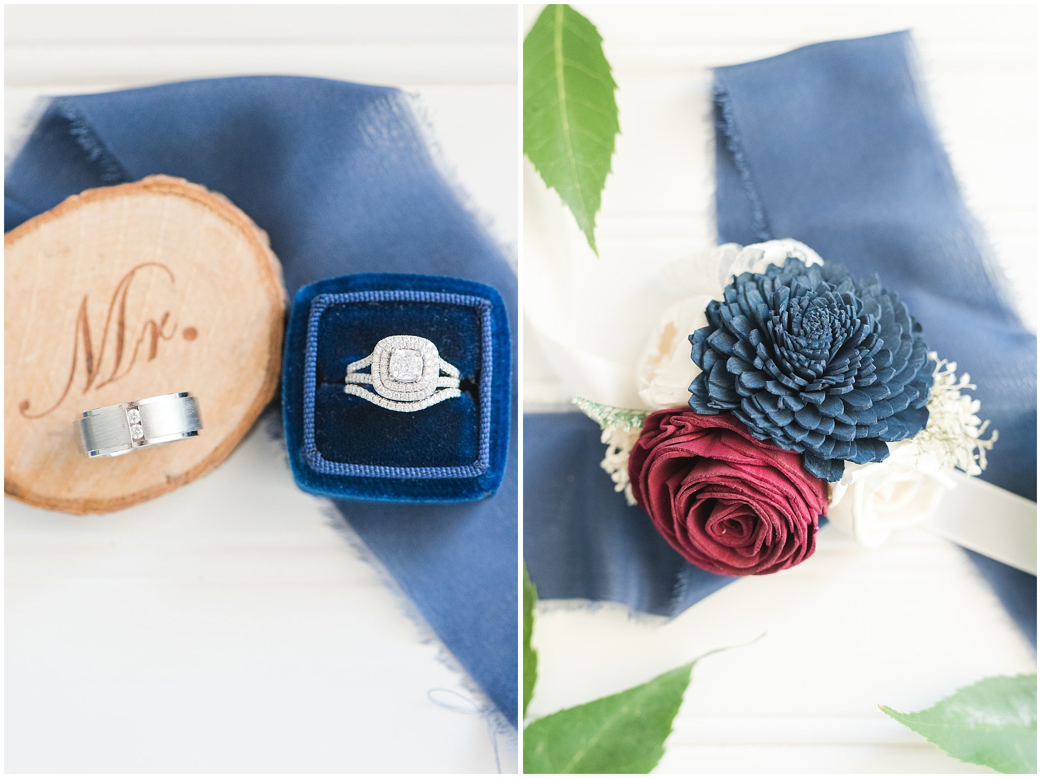 Wedding rings and wooden corsage flowers | Log Haven Summer Mountain Wedding | Jessie and Dallin Photography