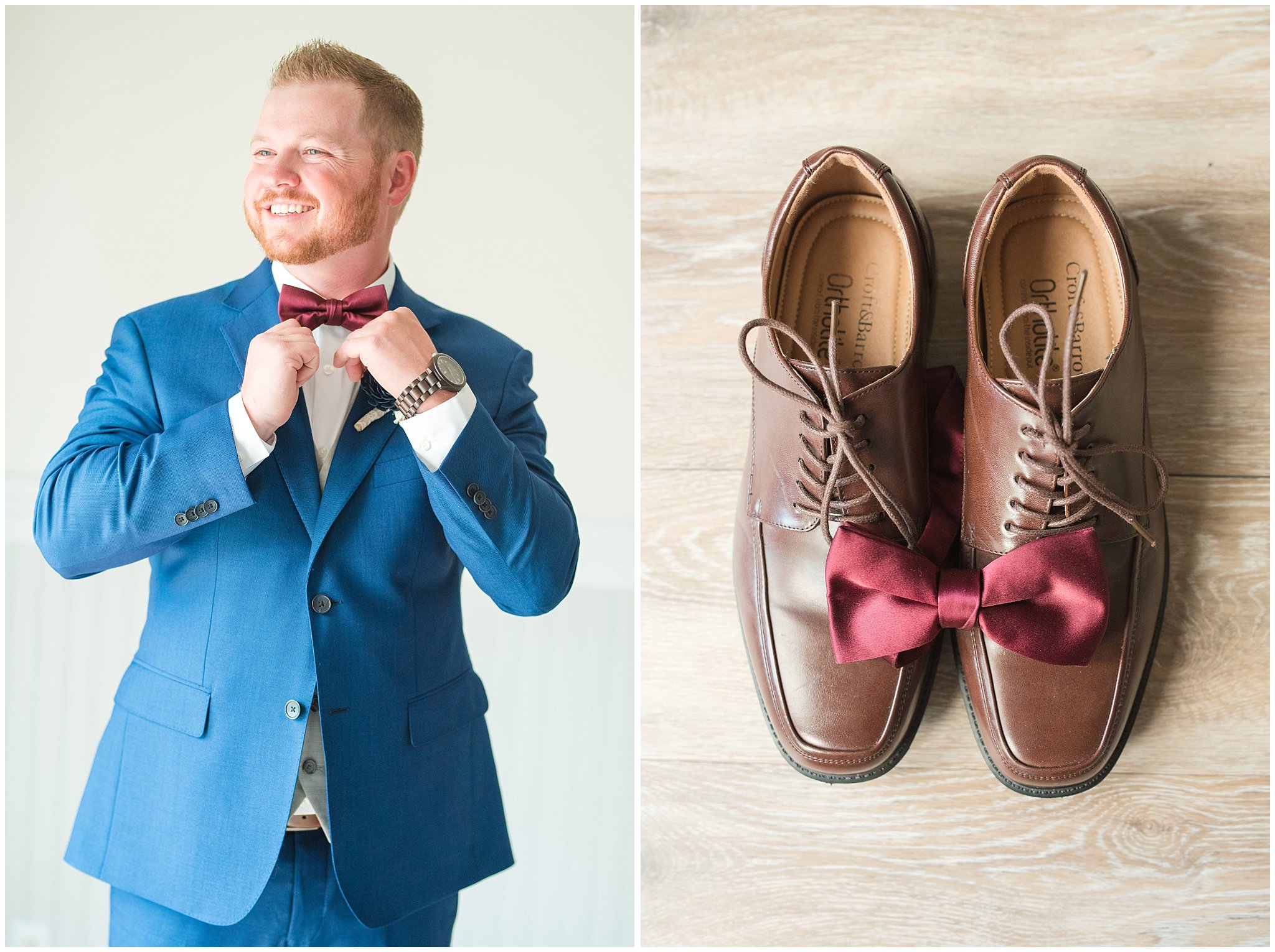Groom in cornish blue suit with burgundy bow tie and brown leather shoes | Log Haven Summer Mountain Wedding | Jessie and Dallin Photography