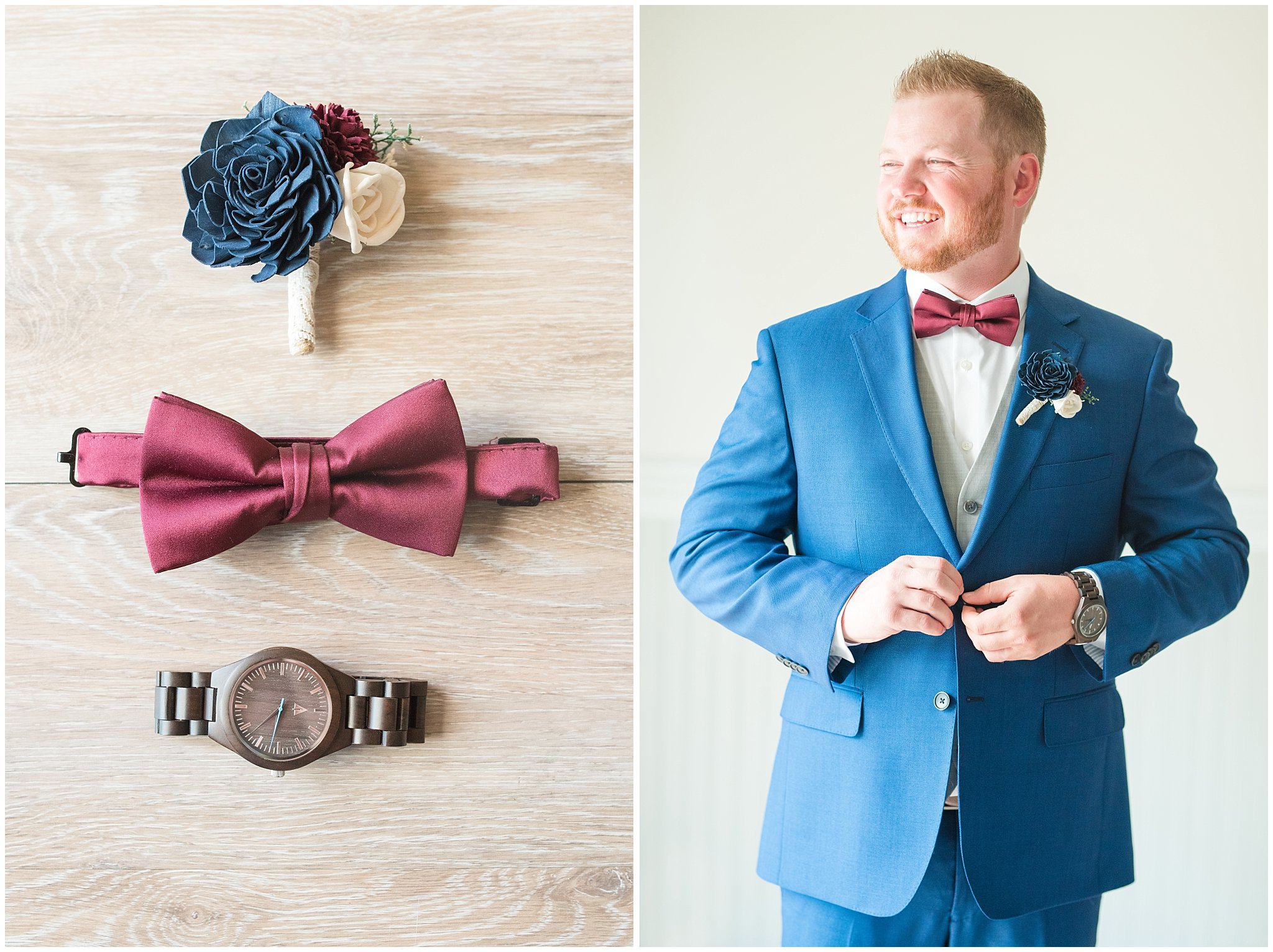 Groom in cornish blue suit with burgundy bow tie and brown leather shoes and wooden flower boutonniere | Log Haven Summer Mountain Wedding | Jessie and Dallin Photography