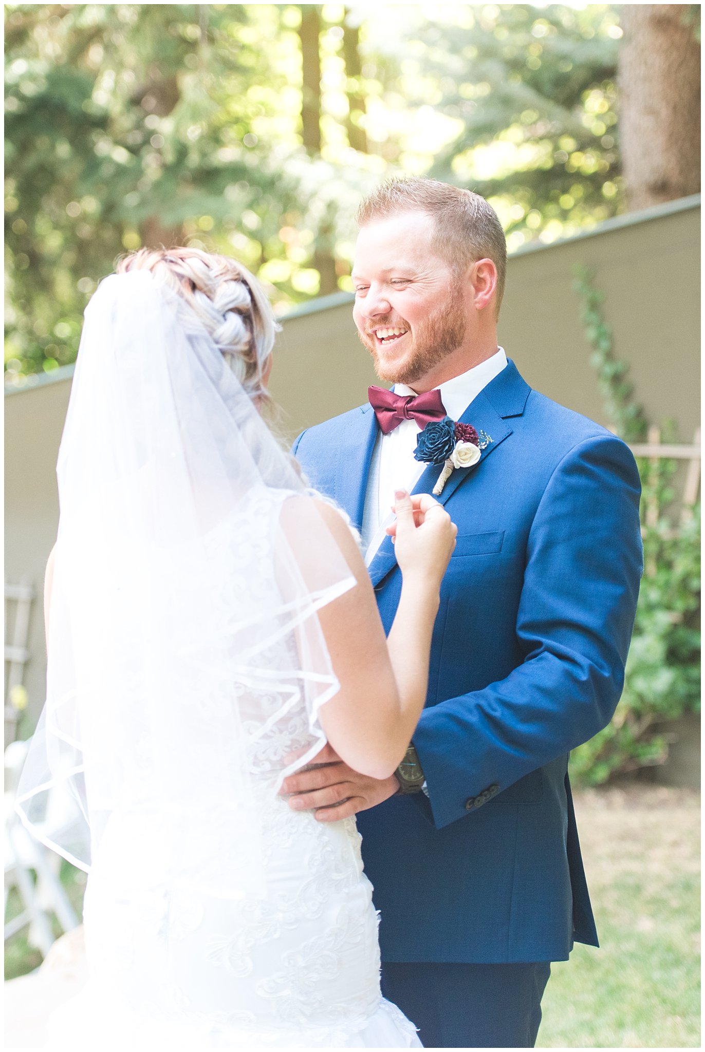 Bride and groom share a first look before ceremony | Log Haven Summer Mountain Wedding | Jessie and Dallin Photography