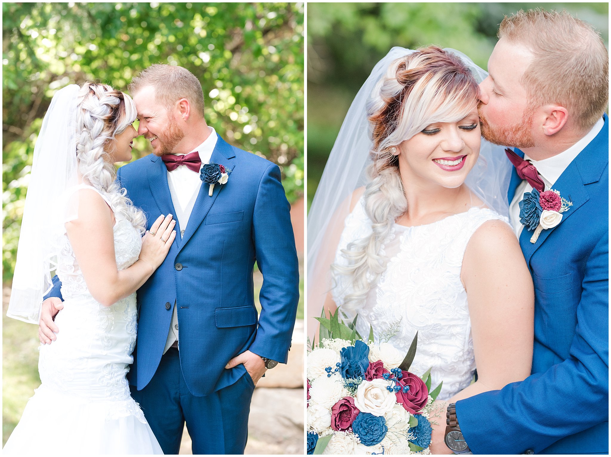 Bride in lace mermaid dress and wooden bouquet, groom in Cornish blue suit and burgundy bow tie portraits on wedding day | Log Haven Summer Mountain Wedding | Jessie and Dallin Photography