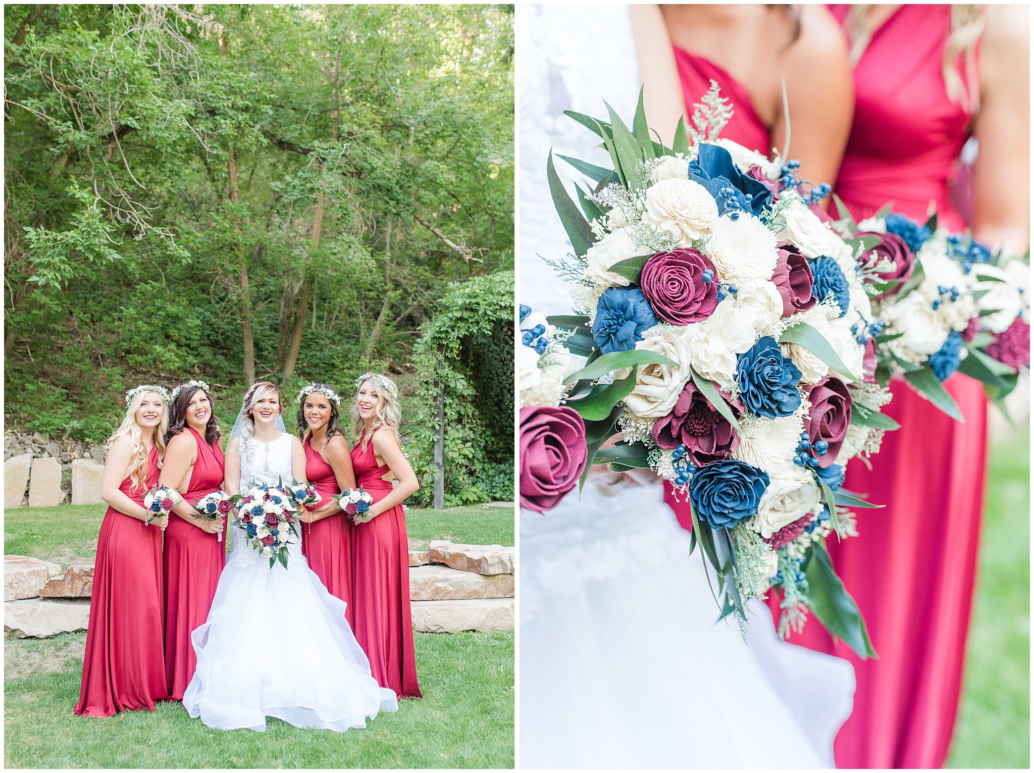 Bride and bridesmaids wearing burgundy dresses with wooden bouquets | Log Haven Summer Mountain Wedding | Jessie and Dallin Photography