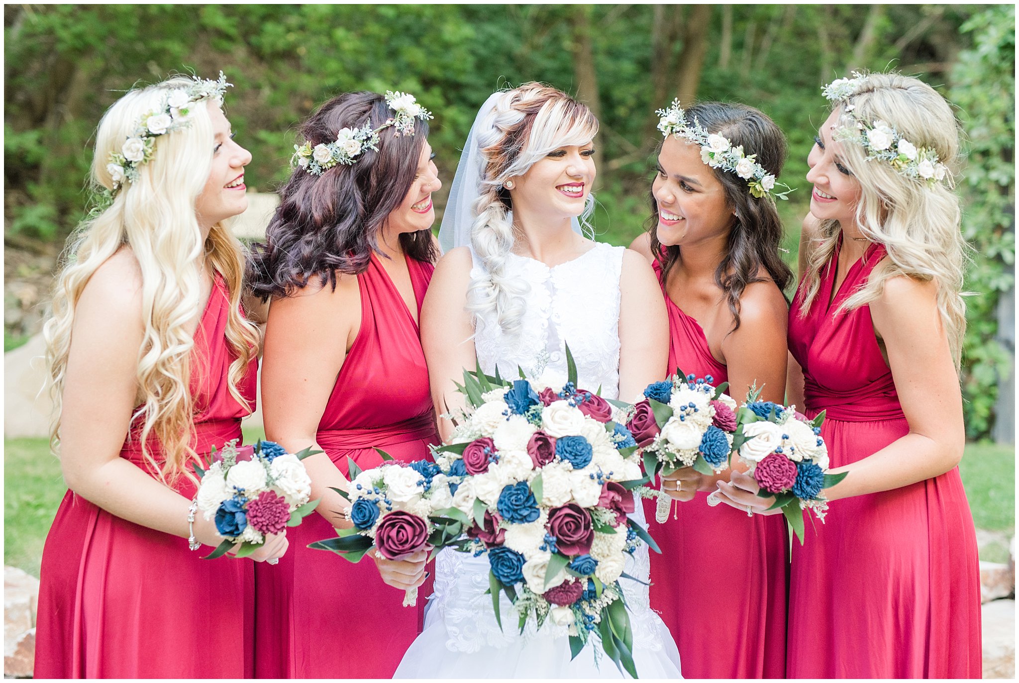 Bride and bridesmaids wearing burgundy dresses with wooden bouquets | Log Haven Summer Mountain Wedding | Jessie and Dallin Photography