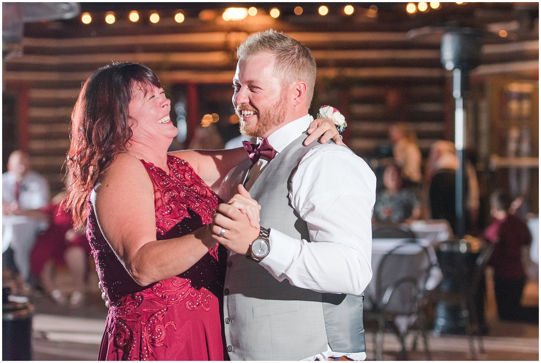 mother son dance and laughter during wedding reception | Log Haven Summer Mountain Wedding | Jessie and Dallin Photography