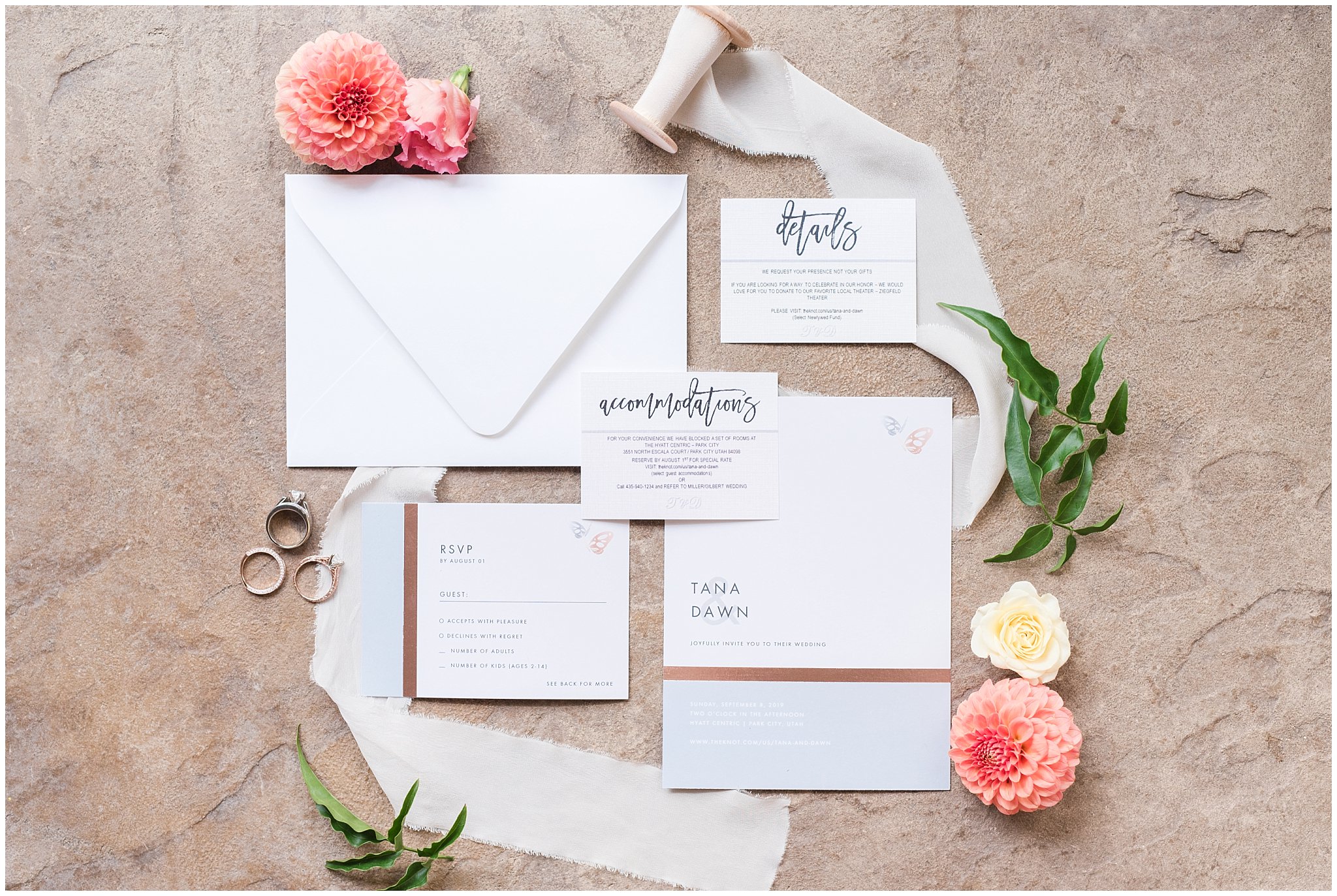 Invitation suite on stone | Park City Wedding at the Hyatt Centric | Jessie and Dallin Photography