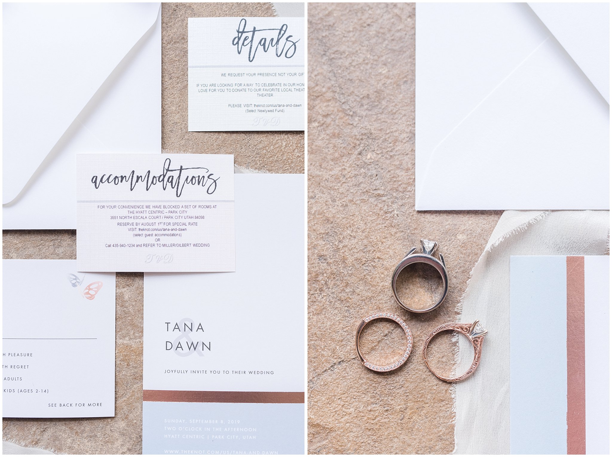 Invitation suite on stone with wedding rings | Park City Wedding at the Hyatt Centric | Jessie and Dallin Photography