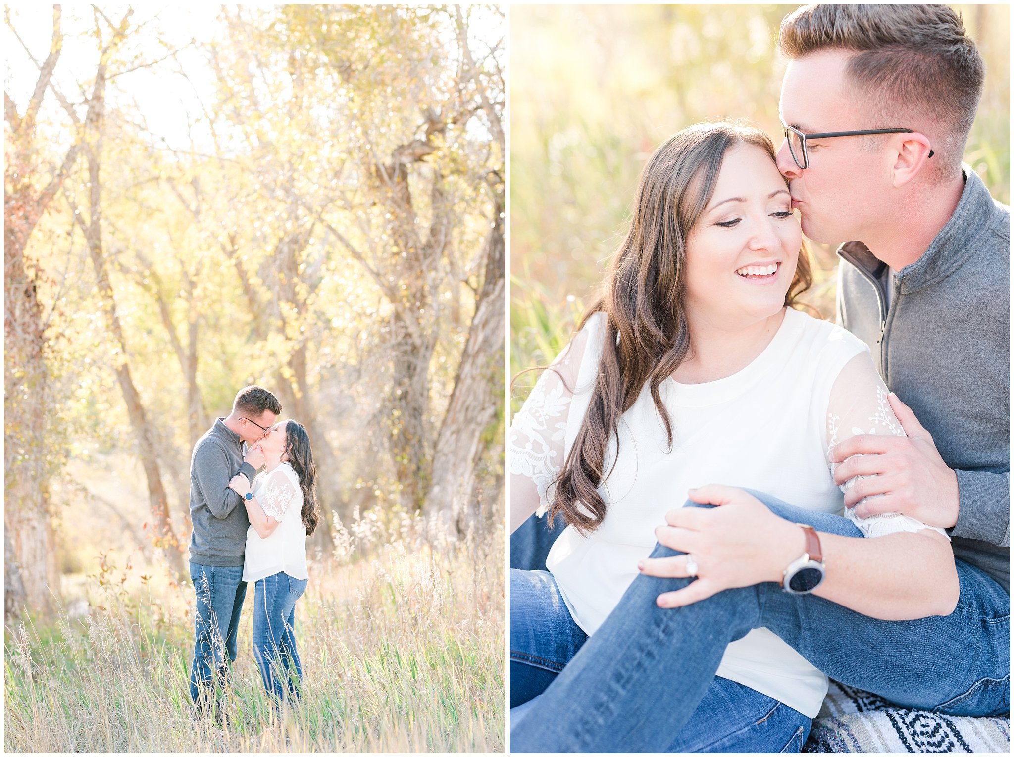 Couple in casual outfit with grey sweater, white top and jeans | Snowbasin woods and fall trees | A Classic Snowbasin Fall Engagement Session | Jessie and Dallin Photography