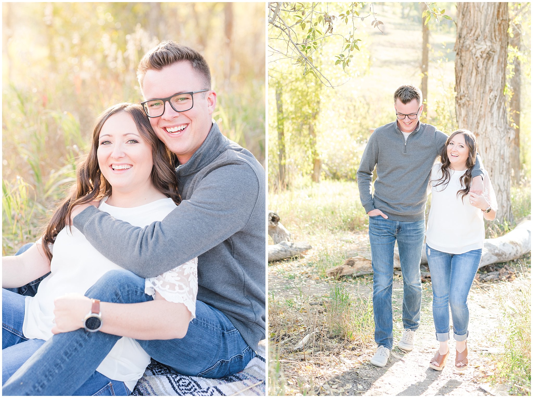 Couple in casual outfit with grey sweater, white top and jeans | Snowbasin woods and fall trees | A Classic Snowbasin Fall Engagement Session | Jessie and Dallin Photography