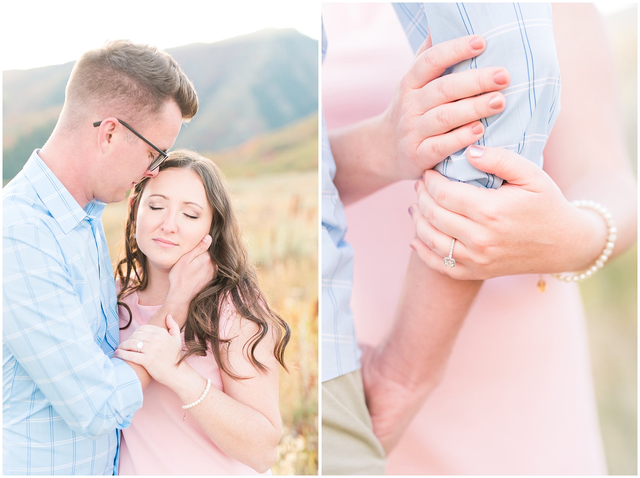 Couple in light blue shirt, tan pants and blush dress | Engagement in the Utah mountains surrounded by fall color | A Classic Snowbasin Fall Engagement Session | Jessie and Dallin Photography
