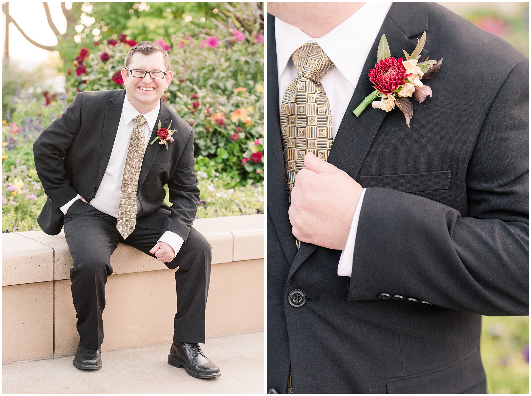 Groom in black suit and gold tie with a red fall boutonniere | Logan Temple Fall Formal Session | Jessie and Dallin Photography