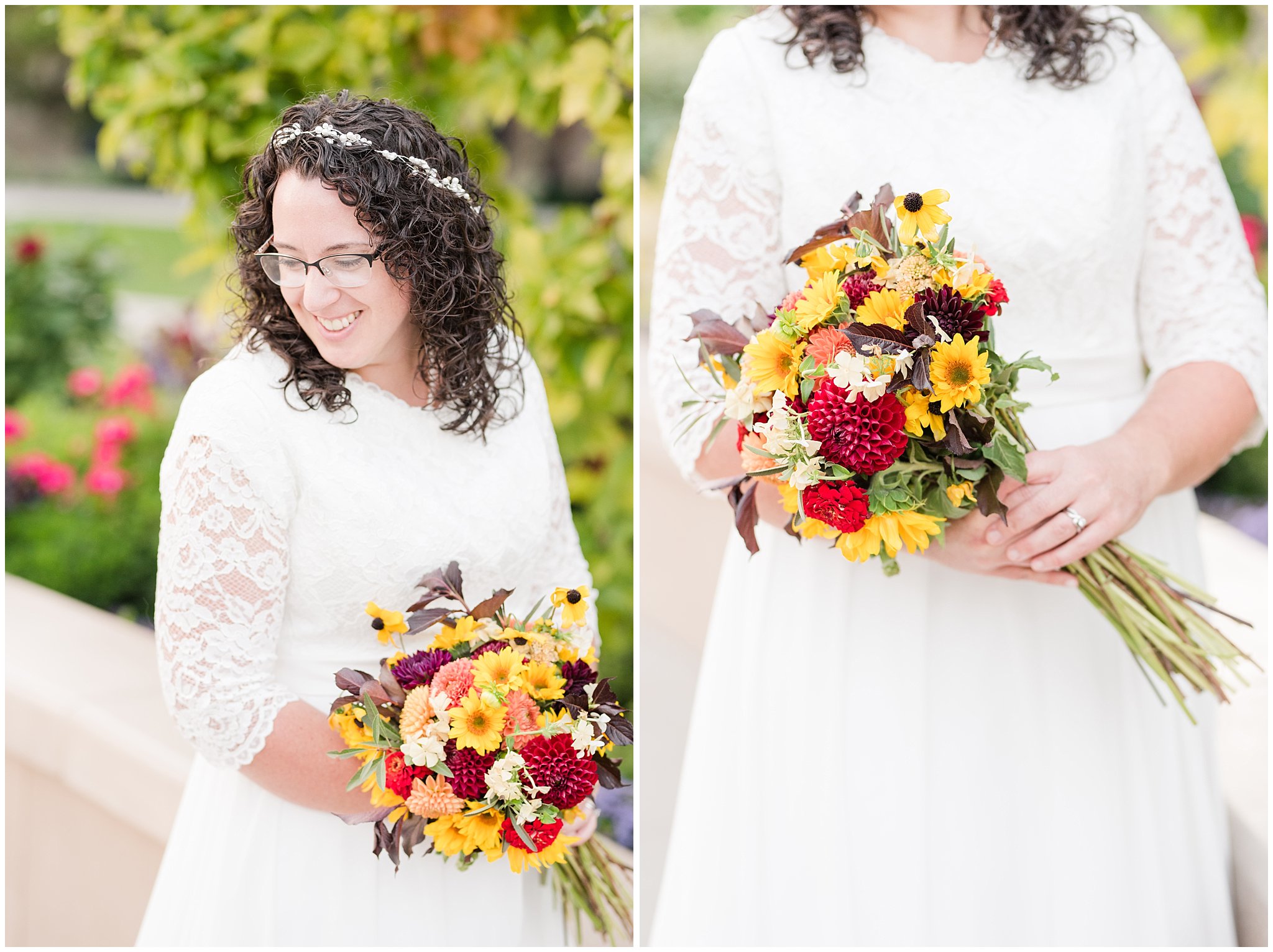 GroomBride in simple lace sleeve wedding dress with fall bouquet | Logan Temple Fall Formal Session | Jessie and Dallin Photography