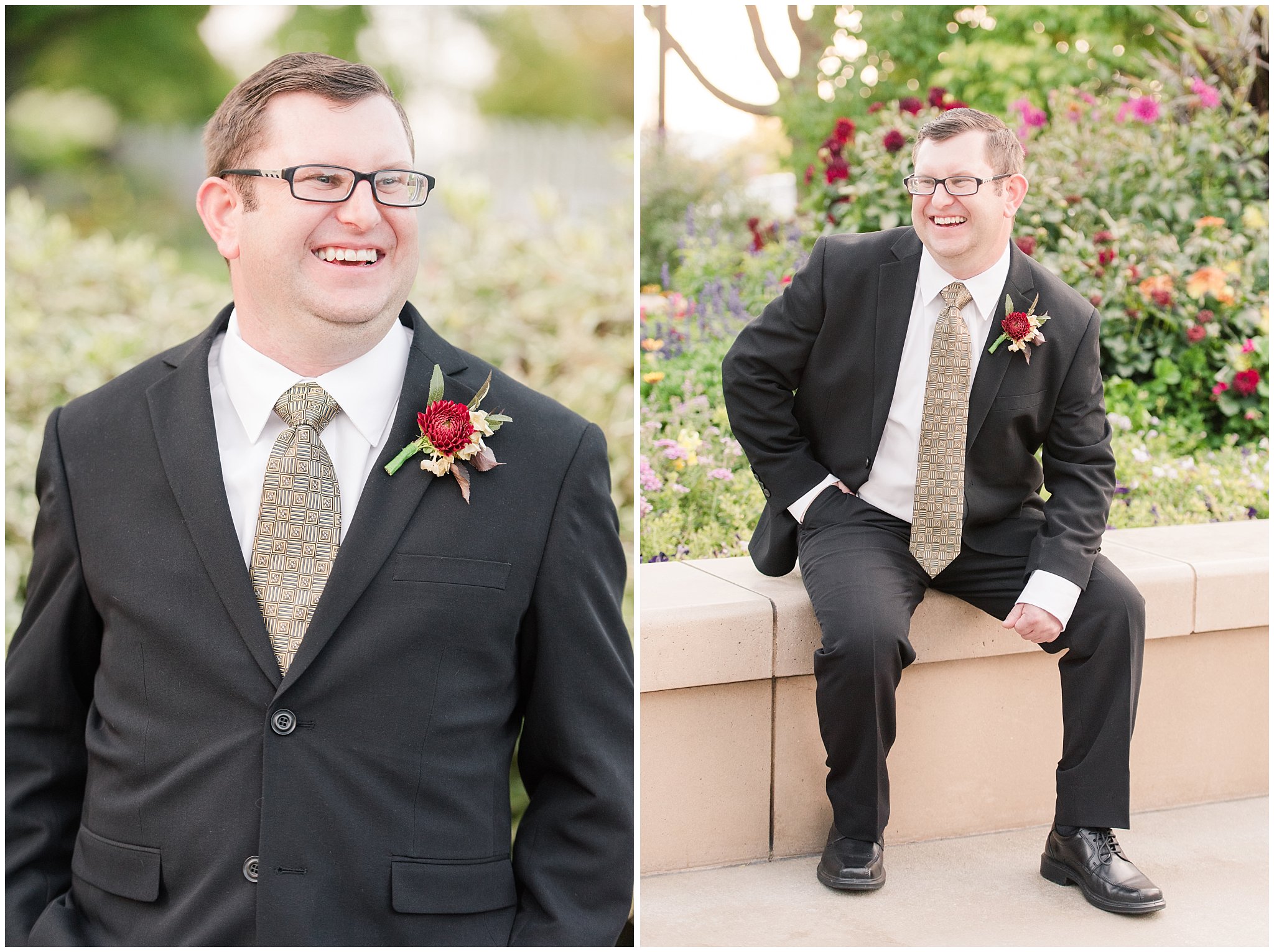 Groom in black suit and gold tie with a red fall boutonniere | Logan Temple Fall Formal Session | Jessie and Dallin Photography