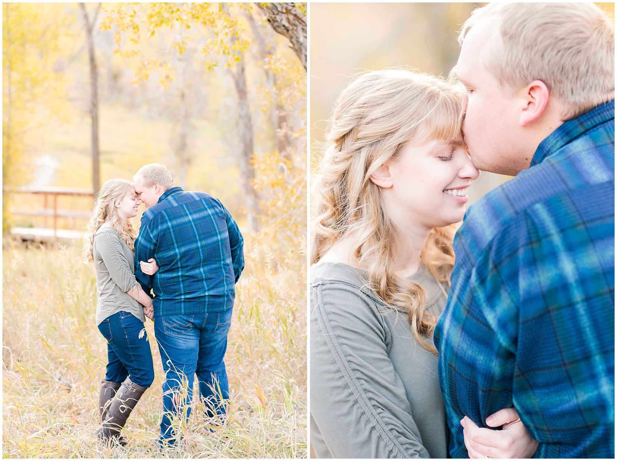 Couple in casual blue and olive green outfit for fall | Trapper's Loop Fall Engagement Session | Snowbasin Utah Mountains | Jessie and Dallin Photography