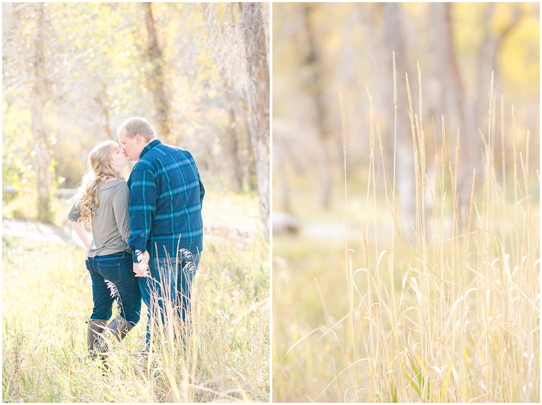 Couple in casual blue and olive green outfit for fall | Trapper's Loop Fall Engagement Session | Snowbasin Utah Mountains | Jessie and Dallin Photography