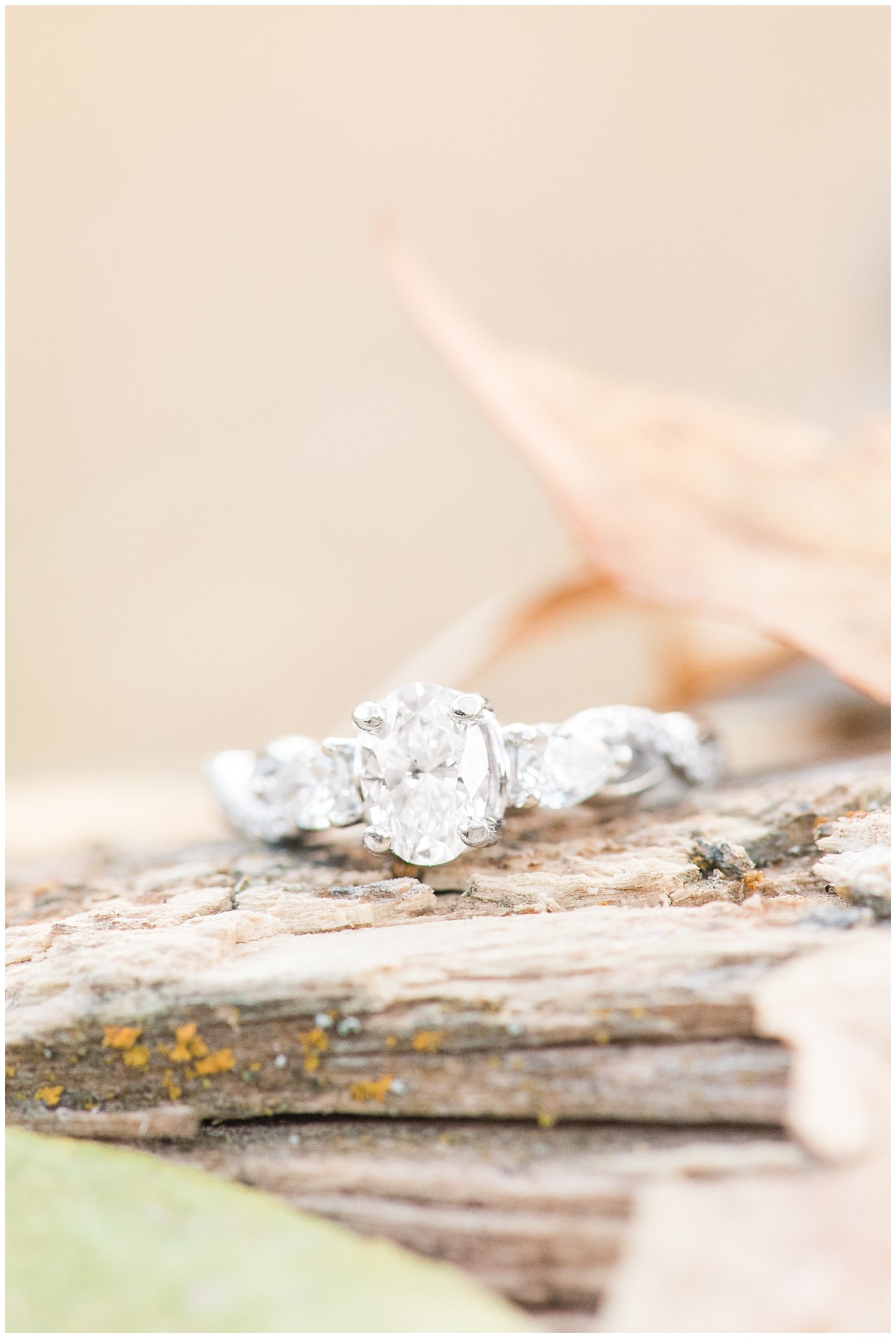 Engagement ring on fall leaves and wood | Trapper's Loop Fall Engagement Session | Snowbasin Utah Mountains | Jessie and Dallin Photography