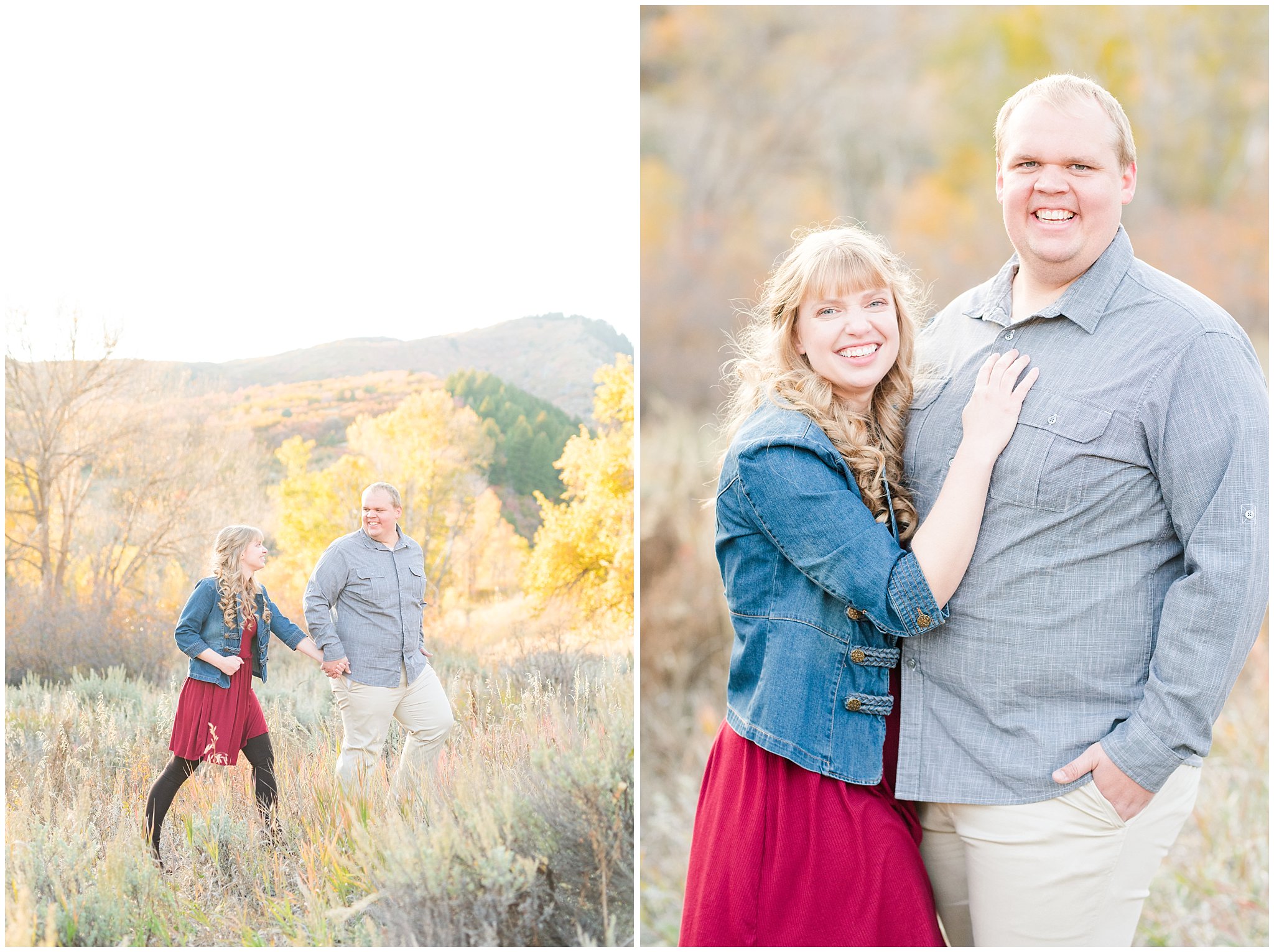 Couple dressed up with girl in burgundy dress with jean jacket and guy in grey shirt and light colored pants | Trapper's Loop Fall Engagement Session | Snowbasin Utah Mountains | Jessie and Dallin Photography