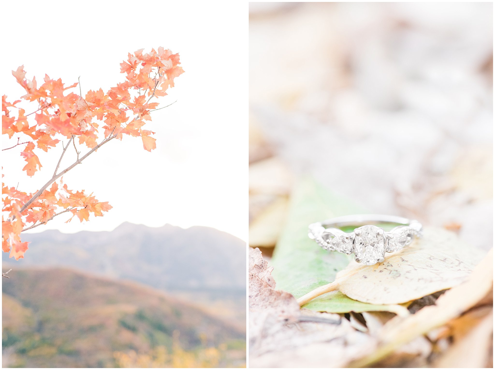 Engagement ring on fall leaves| Trapper's Loop Fall Engagement Session | Snowbasin Utah Mountains | Jessie and Dallin Photography