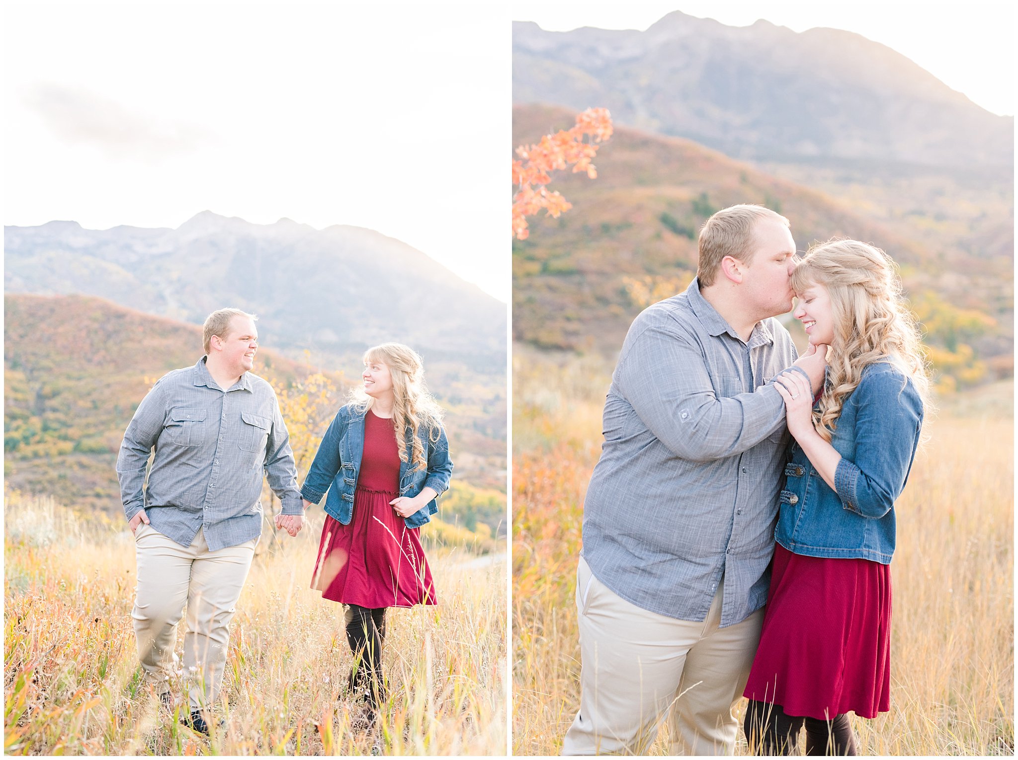 Couple dressed up with girl in burgundy dress with jean jacket and guy in grey shirt and light colored pants | Mountain engagement | Trapper's Loop Fall Engagement Session | Snowbasin Utah Mountains | Jessie and Dallin Photography