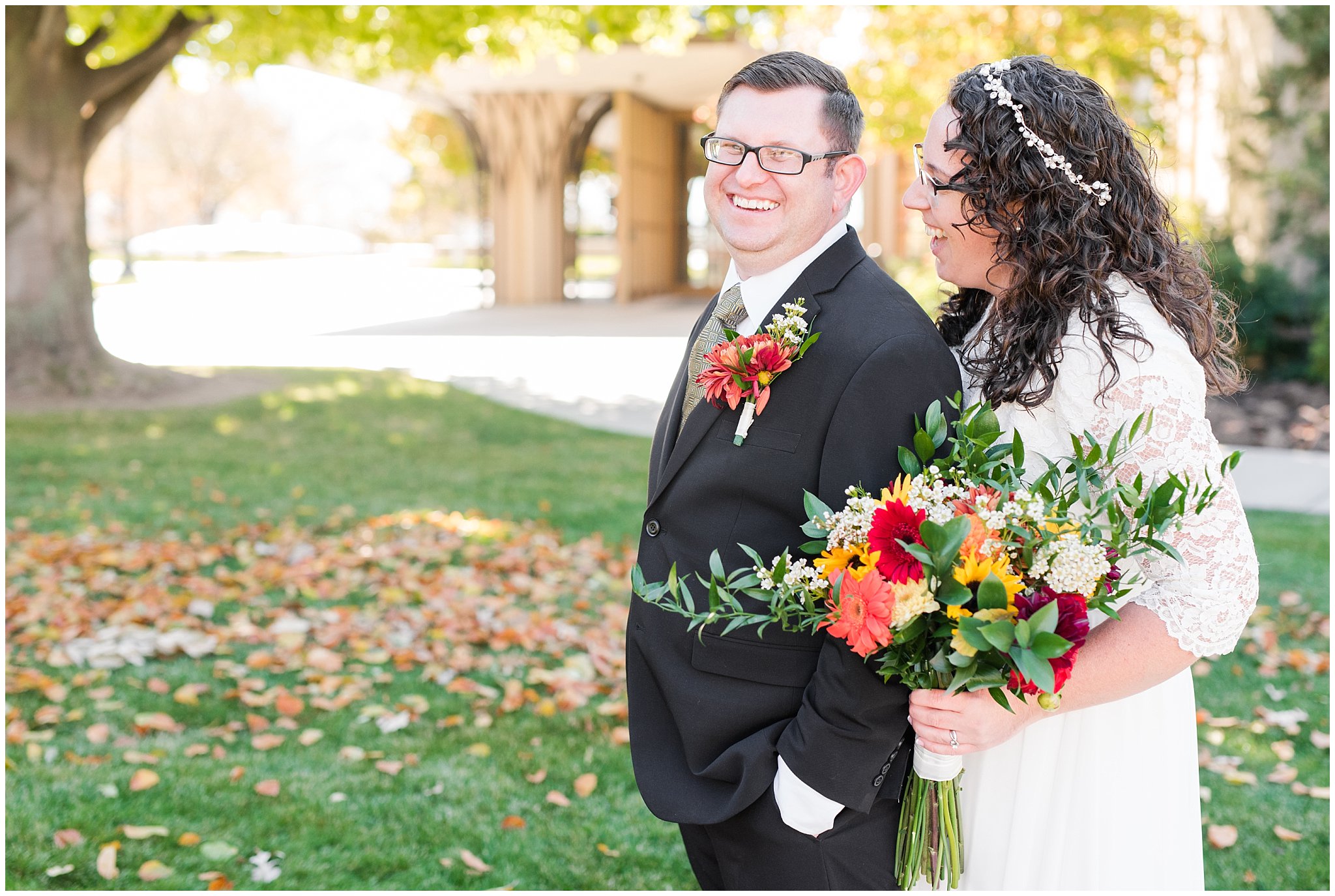Bride and groom portraits in the fall at the Logan Temple | Logan Temple Fall Wedding and Logan Country Club Reception | Jessie and Dallin Photography