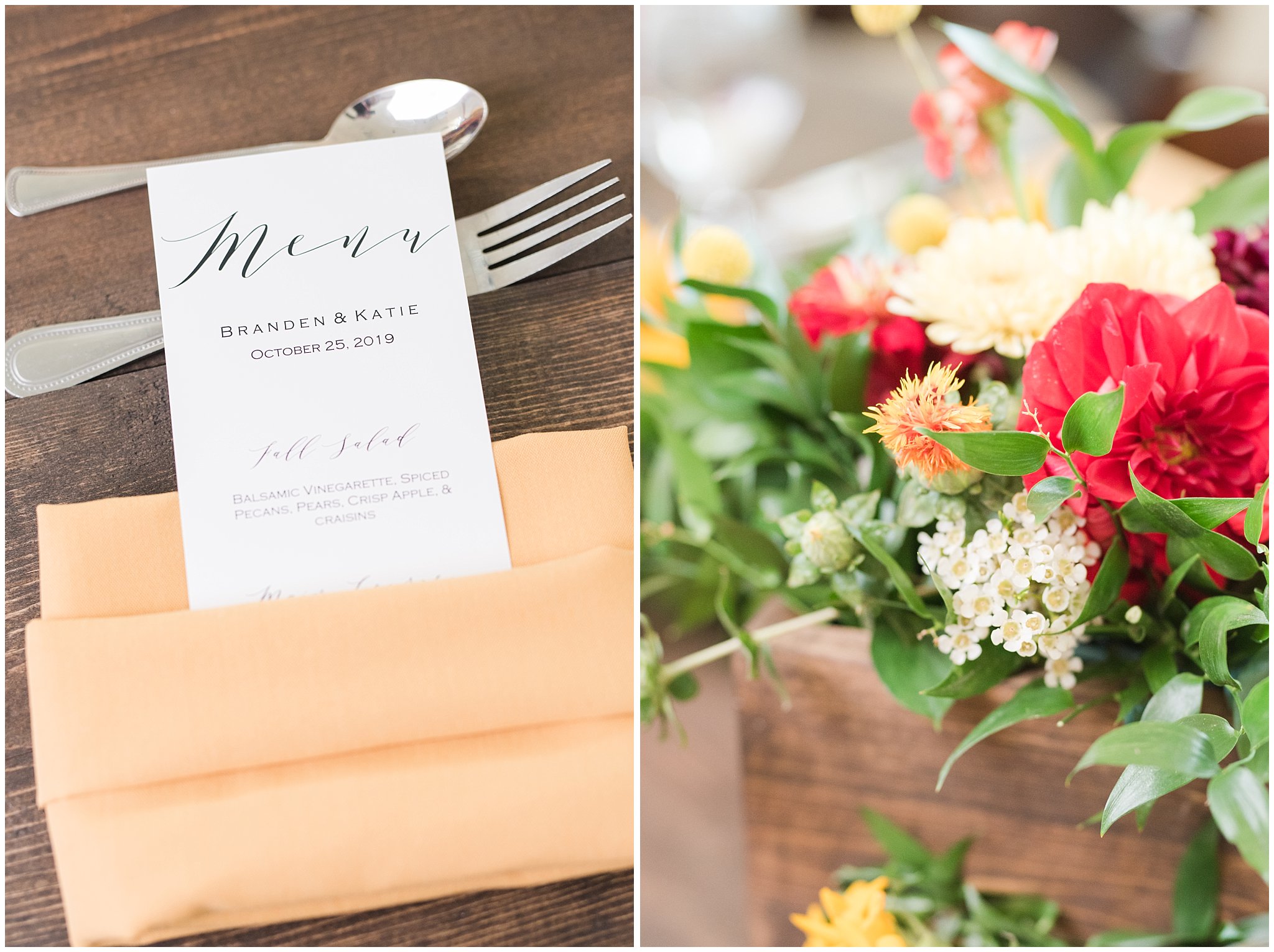 Menu and flowers at Birch Creek Country Club luncheon | Logan Temple Fall Wedding and Logan Country Club Reception | Jessie and Dallin Photography