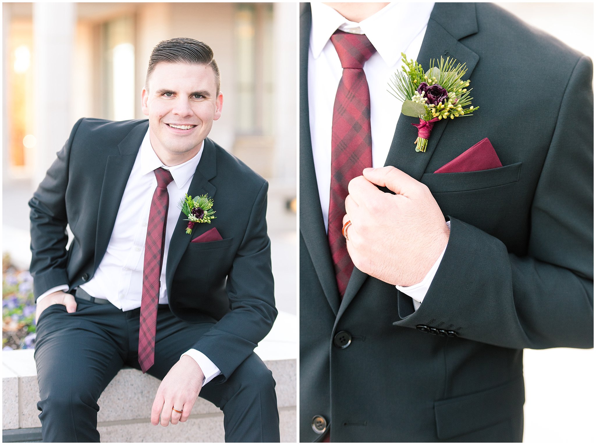 Groom portraits in black suit with burgundy tie | oquirrh mountain temple winter formal session | Jessie and Dallin Photography