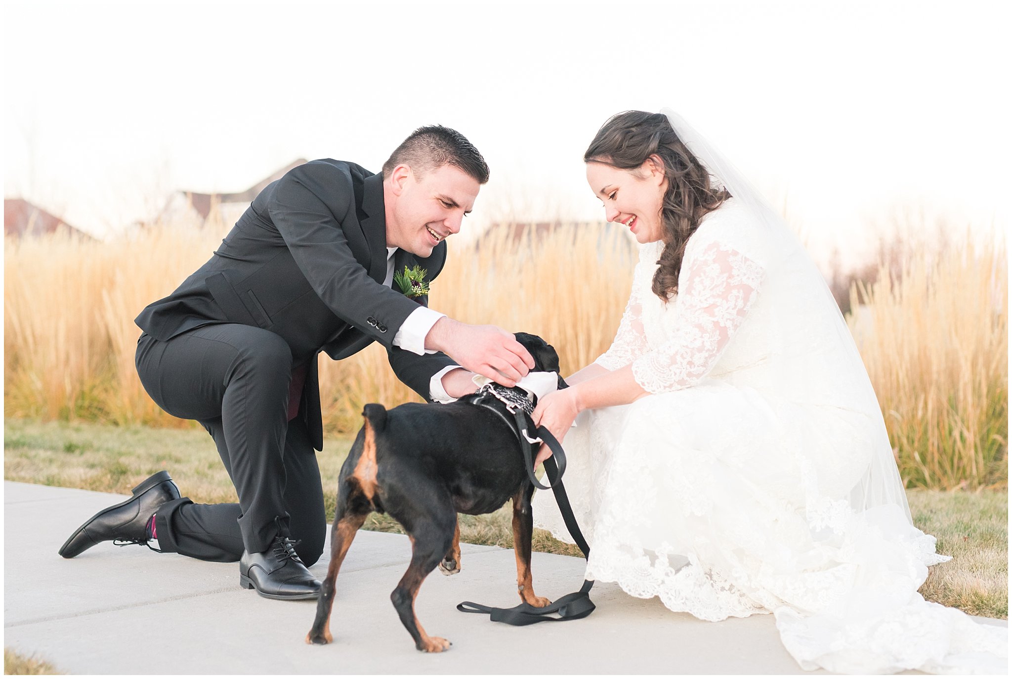 Bride surprises groom with dog at wedding and formal session | Dog first look surprise | | oquirrh mountain temple winter formal session | Jessie and Dallin Photography